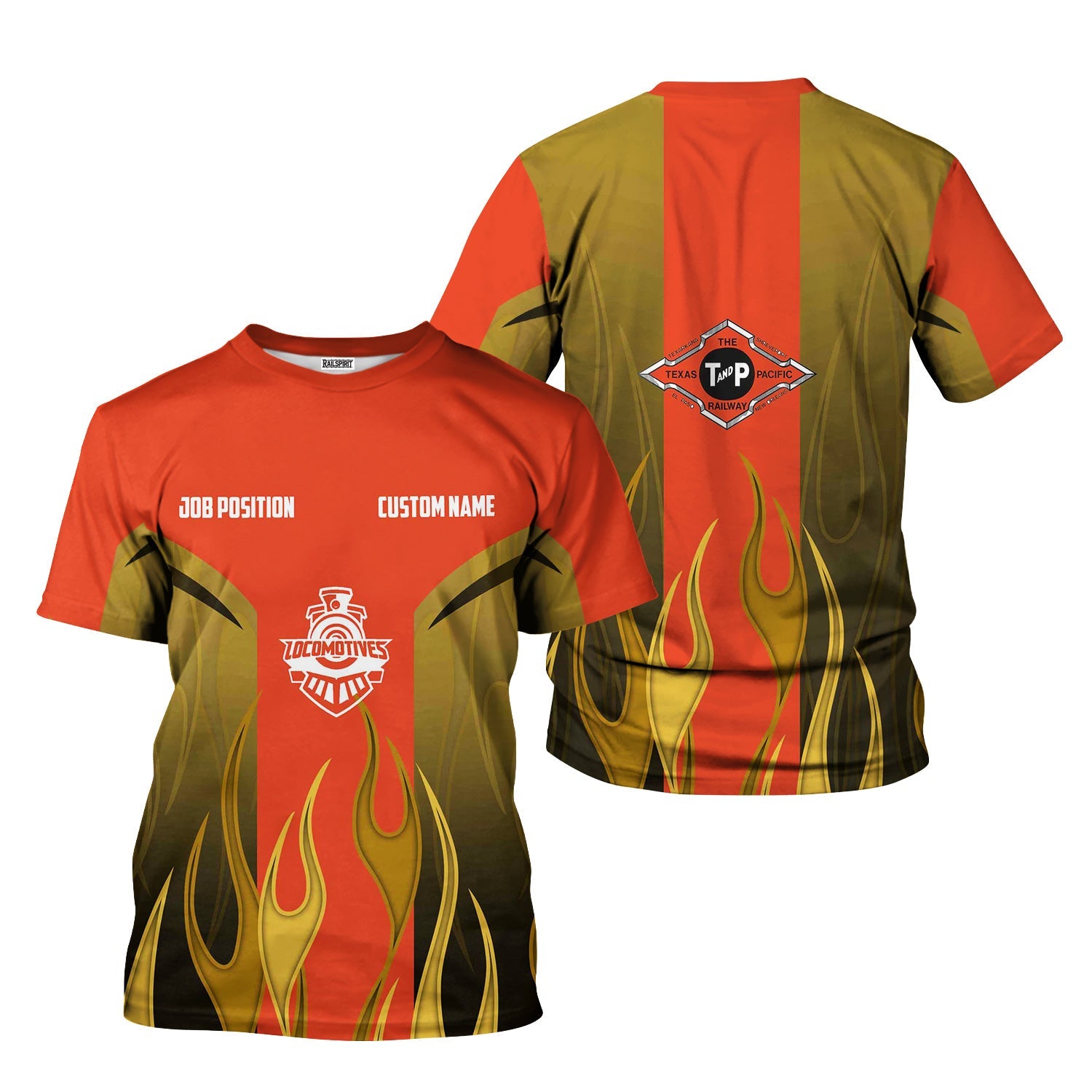 Railspirit Custom Name and Job Title Texas and Pacific Railway T-Shirt Flame Graphic Train Shirt