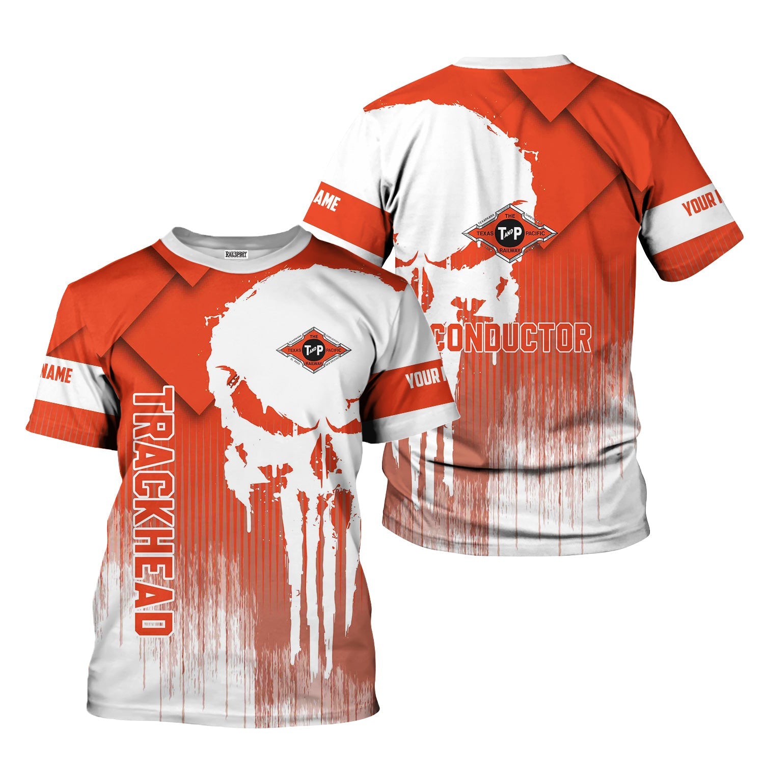 Railspirit Personalized Texas and Pacific Railway T-Shirt Skull Design with Custom Job Train Shirt for Trackhead Crew