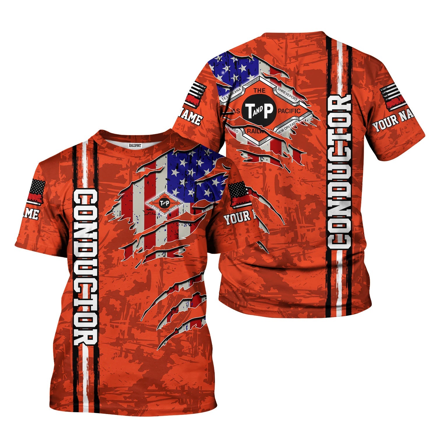 Railspirit Personalized Texas and Pacific Railway T-Shirt USA Flag Claw Art with Custom Job Train Shirt