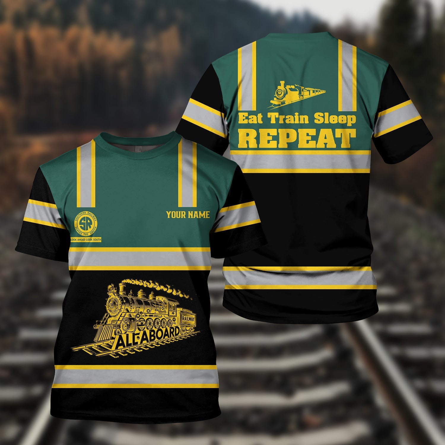 Railspirit Custom Name Southern Railway U.S T Shirt Eat Train Sleep Repeat SOU Printed Train Shirt