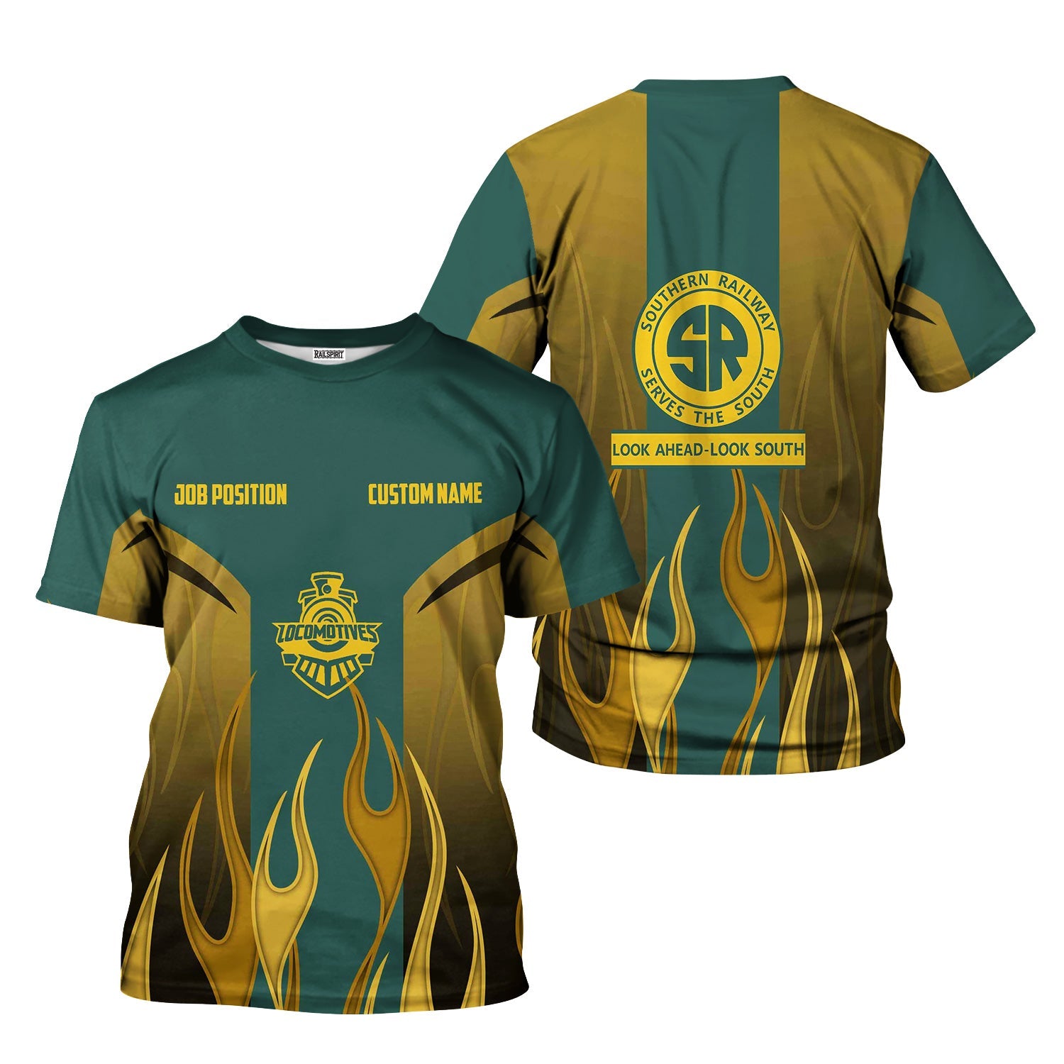 Railspirit Custom Name and Job Title Southern Railway U.S T-Shirt Flame Graphic SOU Train Shirt