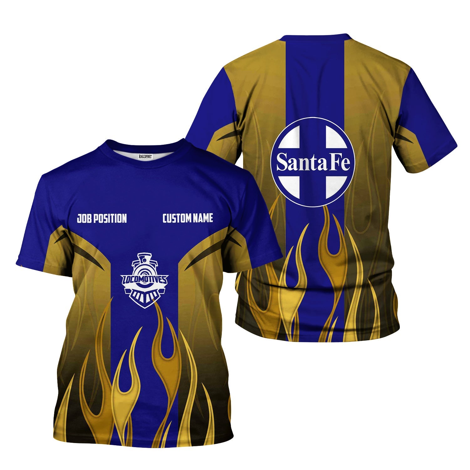 Railspirit Custom Name and Job Title Santa Fe ATSF Railway T-Shirt Flame Graphic Atchison, Topeka and Santa Fe Train Shirt
