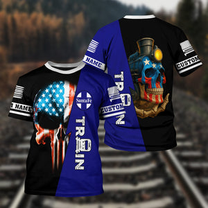 Railspirit Personalized Santa Fe Railway T-Shirt Train Skull American Flag Atchison, Topeka and Santa Fe Railway Shirt All Over Print