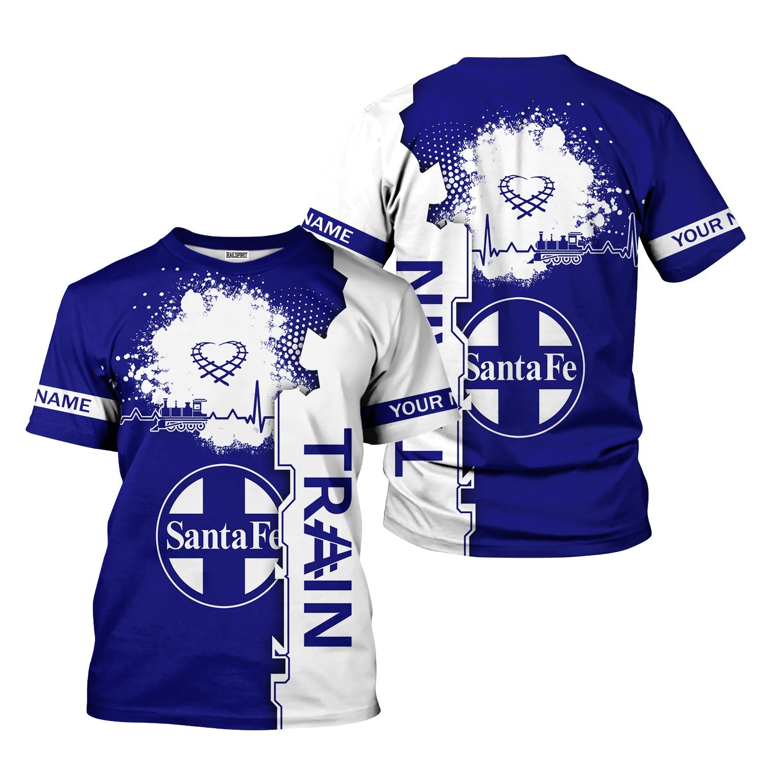Railspirit Personalized Santa Fe Railway T-Shirt Engine Heartbeat and Track Love Style Atchison, Topeka and Santa Fe Railway Shirt