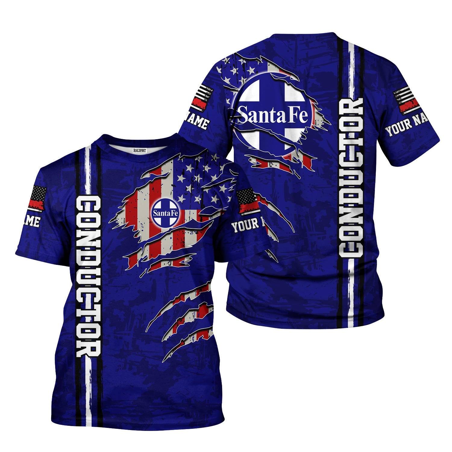 Railspirit Personalized Santa Fe ATSF Railway T-Shirt USA Flag Claw Art with Custom Job Atchison, Topeka and Santa Fe Train Shirt