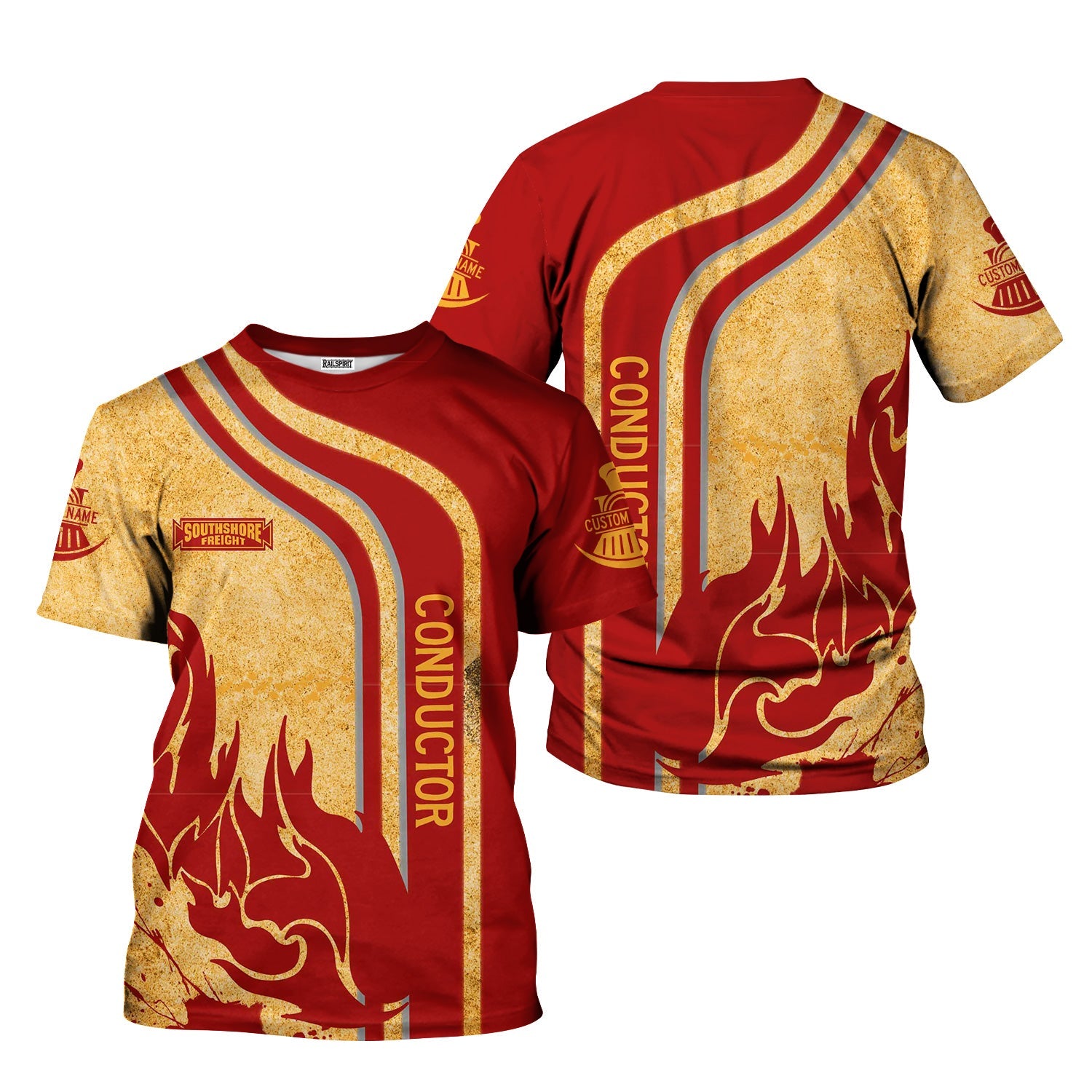 Railspirit Personalized Chicago South Shore and South Bend Railroad T-Shirt Flame Design with Custom Job Position Train Shirt
