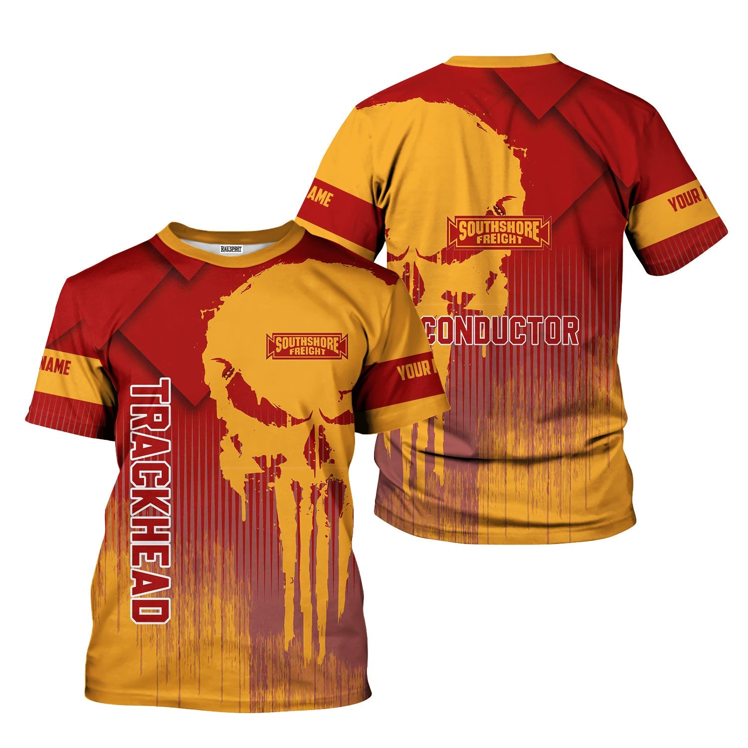 Railspirit Personalized Chicago South Shore and South Bend Railroad T-Shirt Skull Design with Custom Job Train Shirt for Trackhead Crew