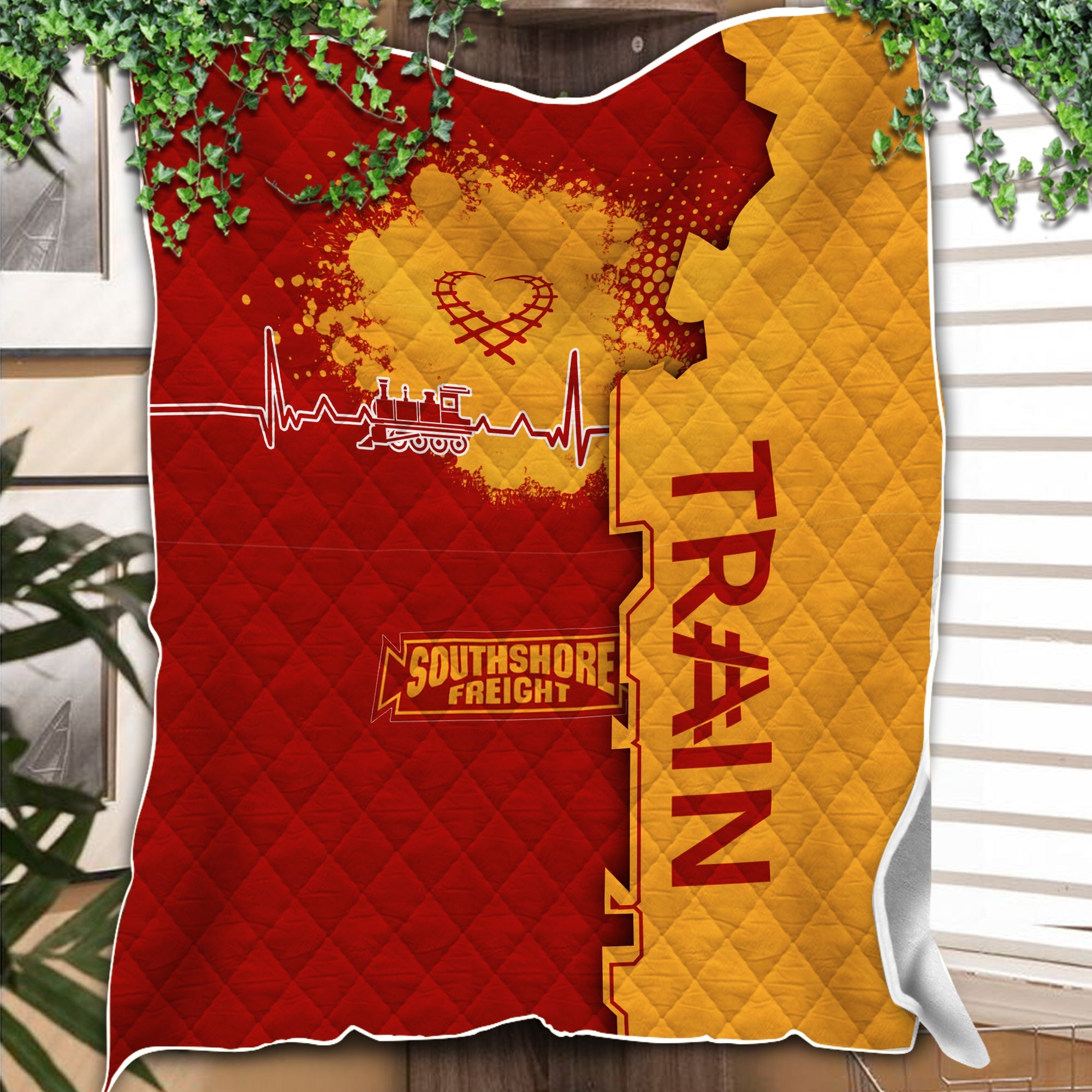 Railspirit Chicago South Shore and South Bend Railroad Premium Quilts Engine Heartbeat and Track Love Style Quilts Gift Idea For Train Lovers