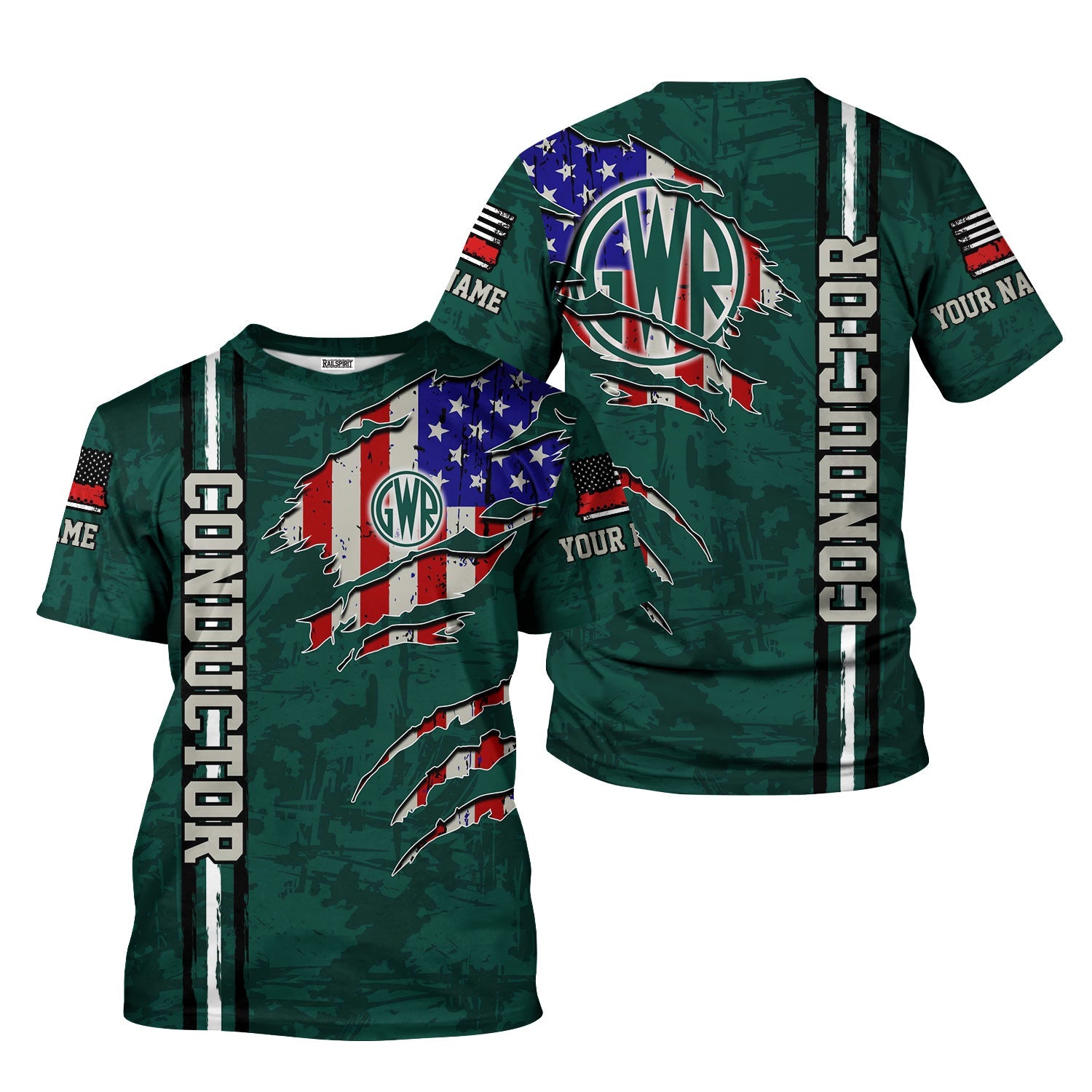 Railspirit Personalized Great Western Railway T-Shirt USA Flag Claw Art with Custom Job Train Shirt