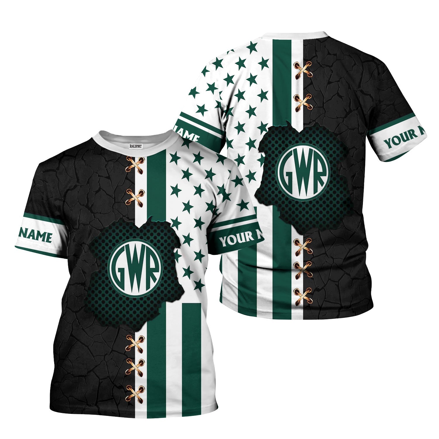 Railspirit Personalized Great Western Railway T-Shirt American Flag with Crack Effect Train Shirt