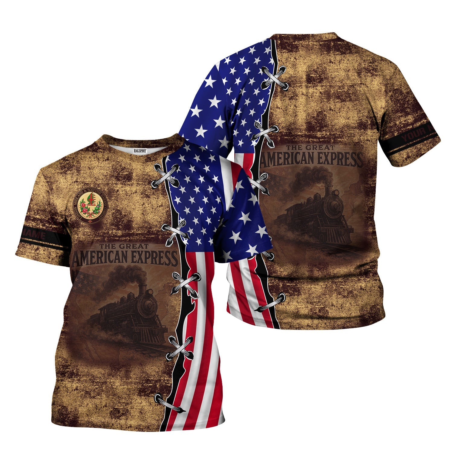 Railspirit Personalized London, Midland and Scottish Railway T-Shirt Retro American Express Train With USA Flag Shirt