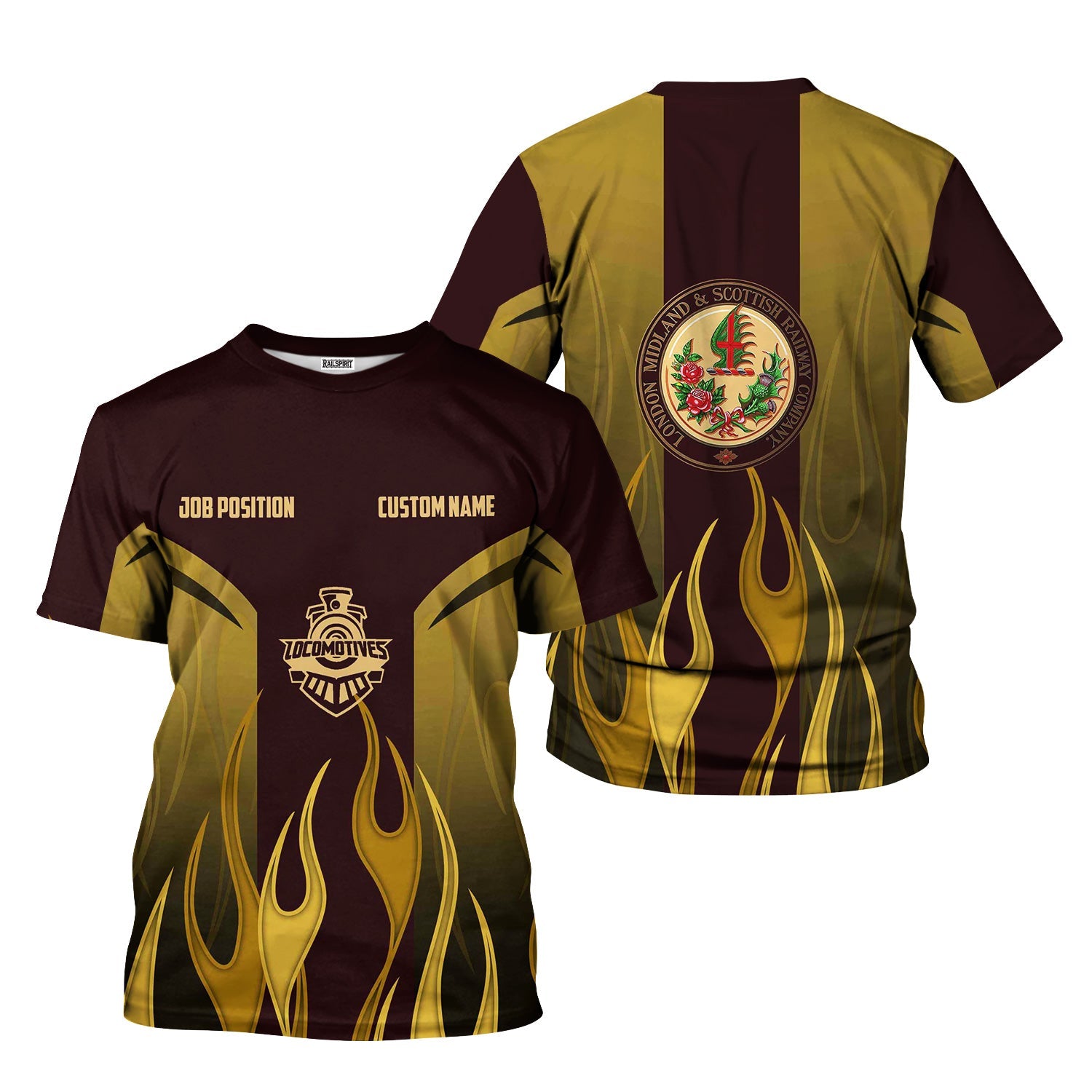 Railspirit Custom Name and Job Title London, Midland and Scottish Railway T-Shirt Flame Graphic Train Shirt