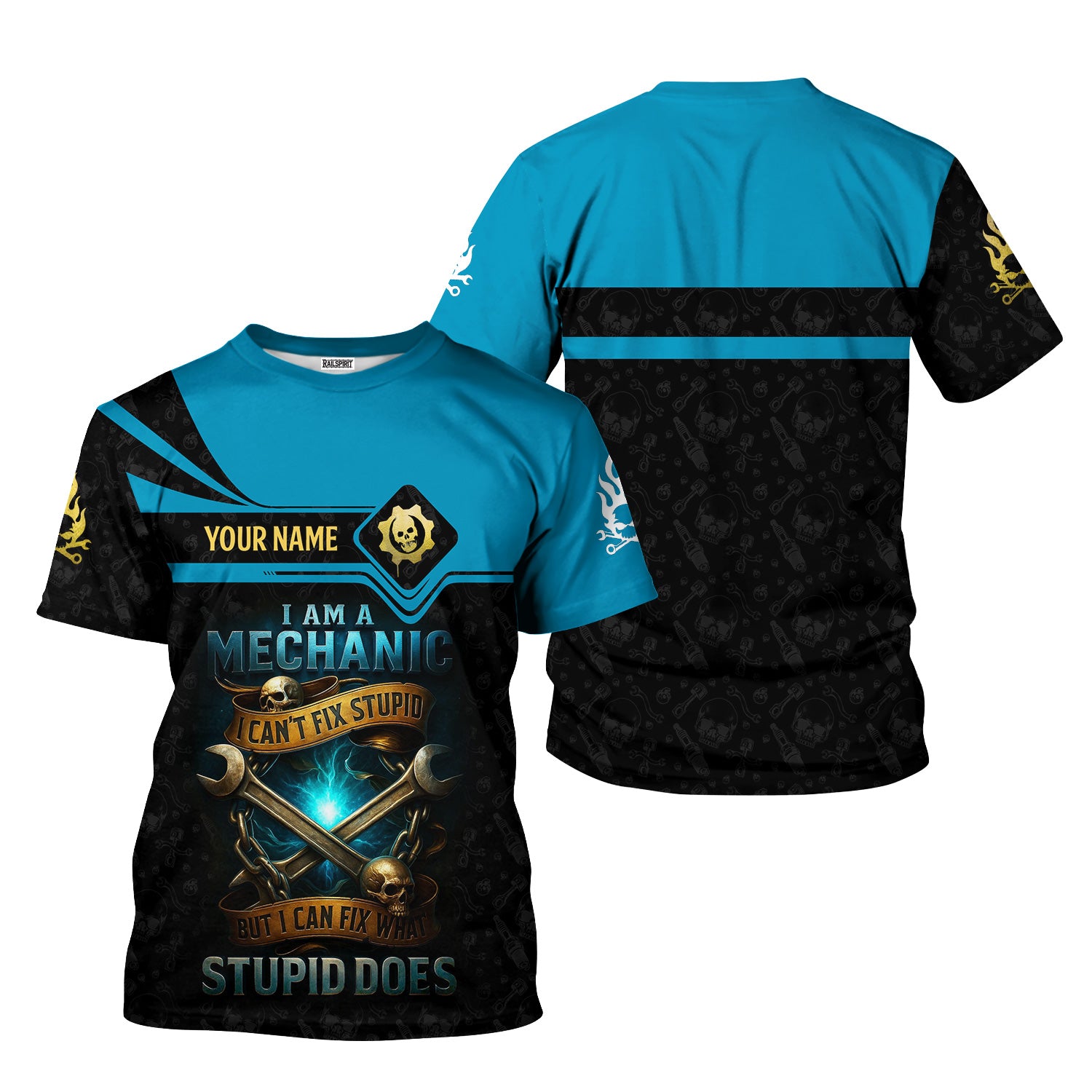 Personalized Mechanic Shirt, I Am A Mechanic I Can't Fix Stupid But I Can Fix What Stupid Does, Skull and Wreches Design, Gift For Men