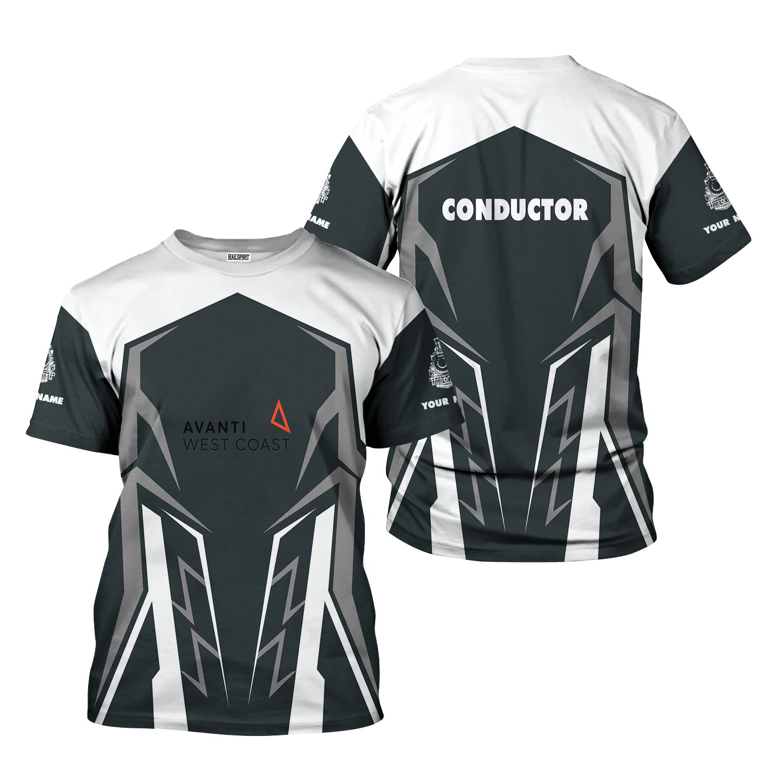 Railspirit Personalized Avanti West Coast T-Shirt Futuristic Design with Custom Job Train Shirt