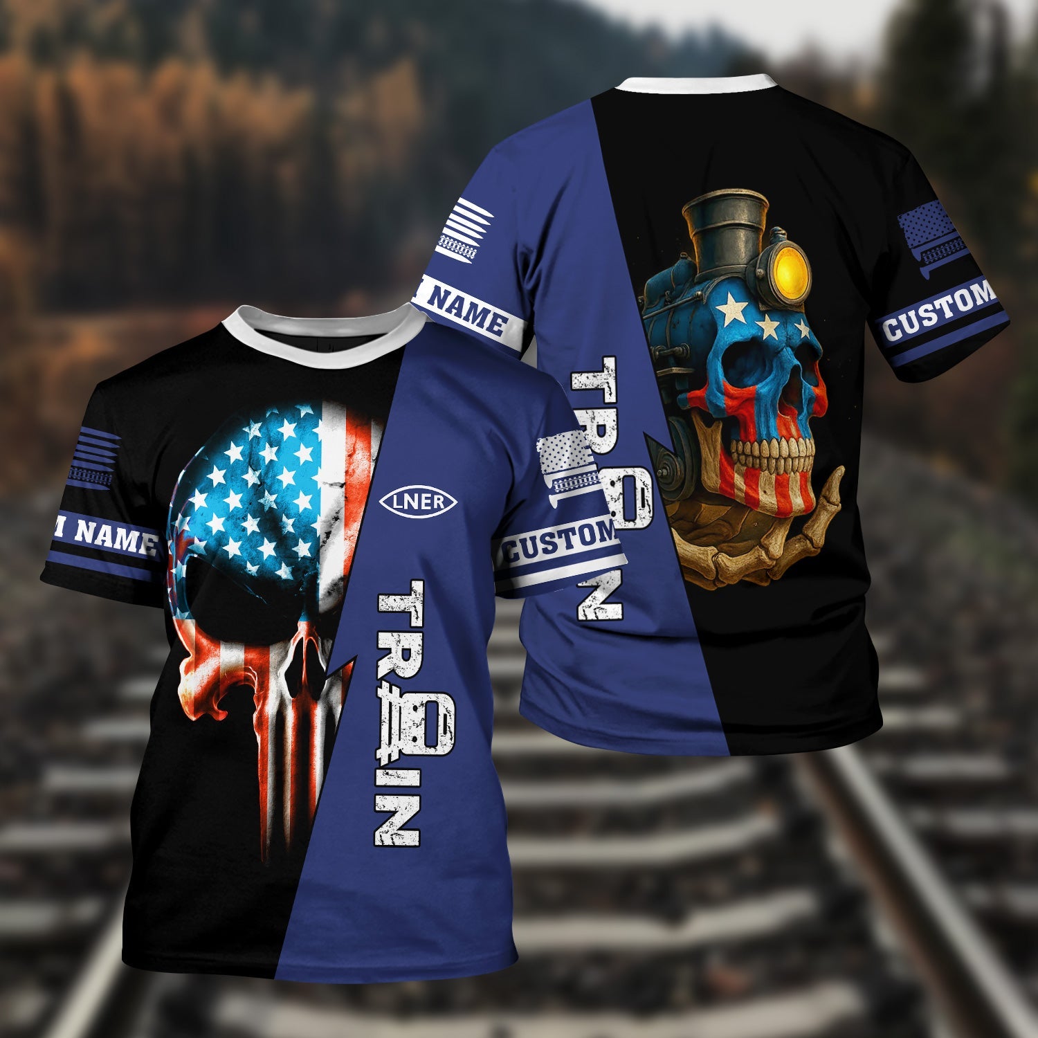 Railspirit Personalized London and North Eastern Railway T-Shirt Train Skull American Flag Shirt All Over Print
