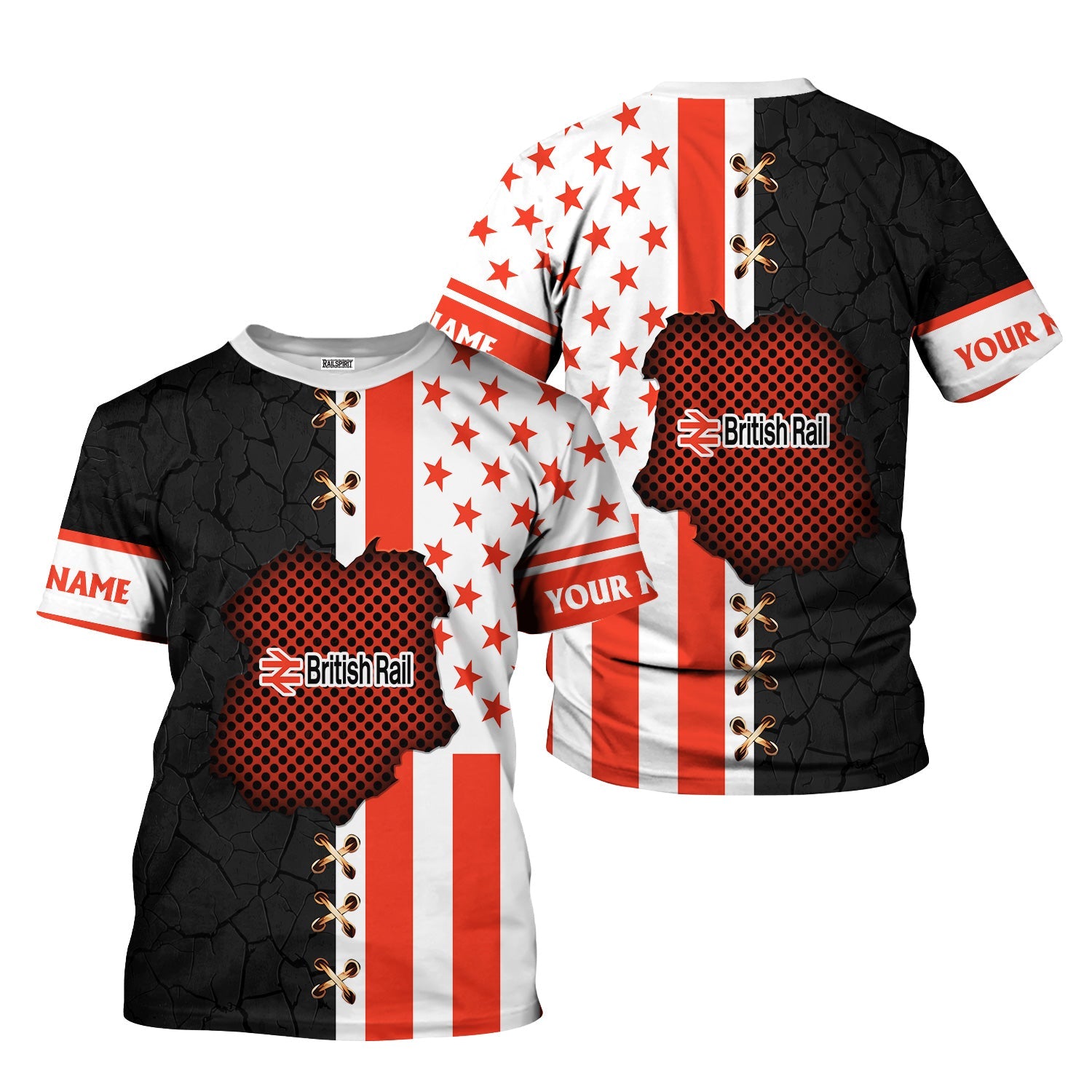 Railspirit Personalized British Railway T-Shirt American Flag with Crack Effect Train Shirt