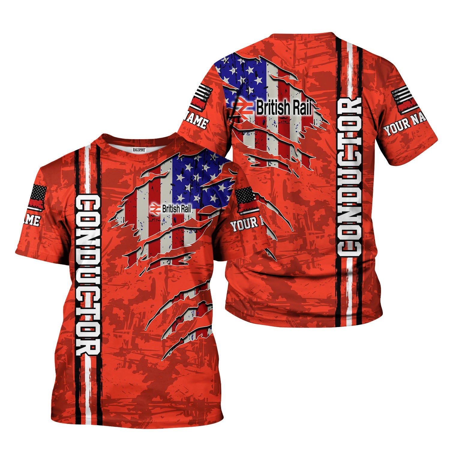 Railspirit Personalized British Railway T-Shirt USA Flag Claw Art with Custom Job Train Shirt