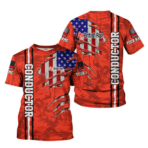 Railspirit Personalized British Railway T-Shirt USA Flag Claw Art with Custom Job Train Shirt