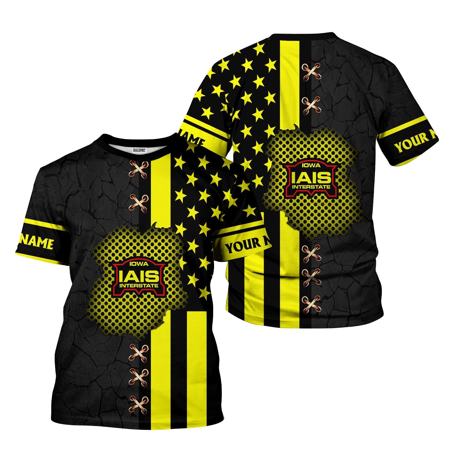 Railspirit Personalized Iowa Interstate Railroad T-Shirt American Flag with Crack Effect IAIS Train Shirt
