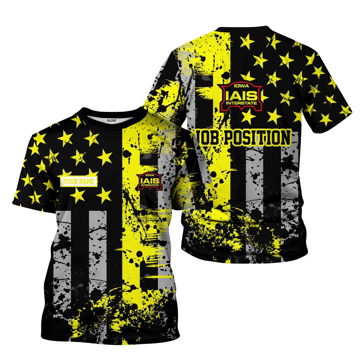 Railspirit Personalized Iowa Interstate Railroad T-Shirt Artistic Paint American Flag Style IAIS Train Shirt