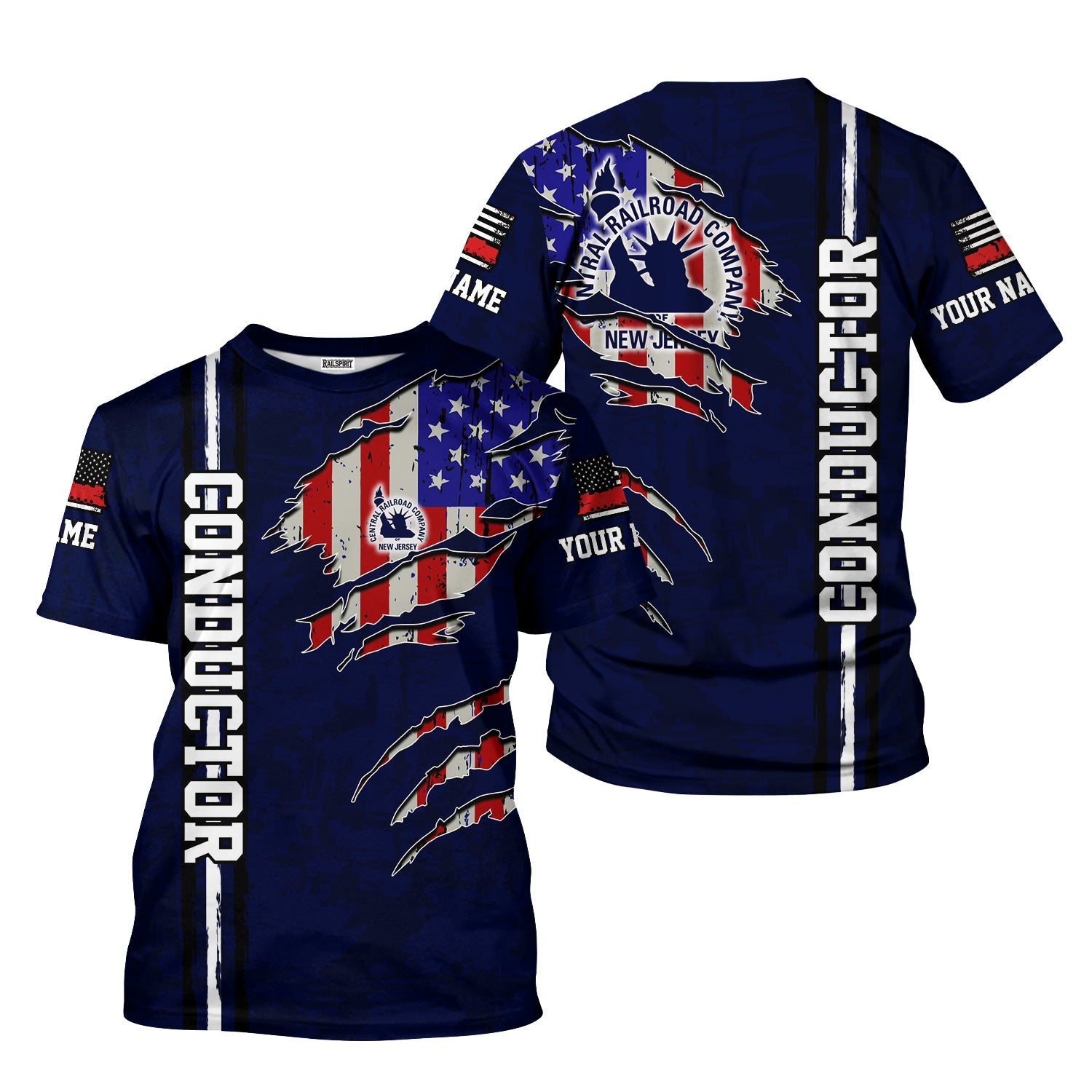Railspirit Personalized Jersey Central Railroad T-Shirt USA Flag Claw Art with Custom Job CNJ Train Shirt