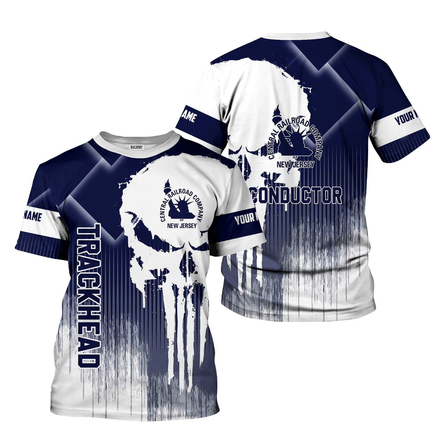 Railspirit Personalized Jersey Central Railroad T-Shirt Skull Design with Custom Job CNJ Train Shirt for Trackhead Crew