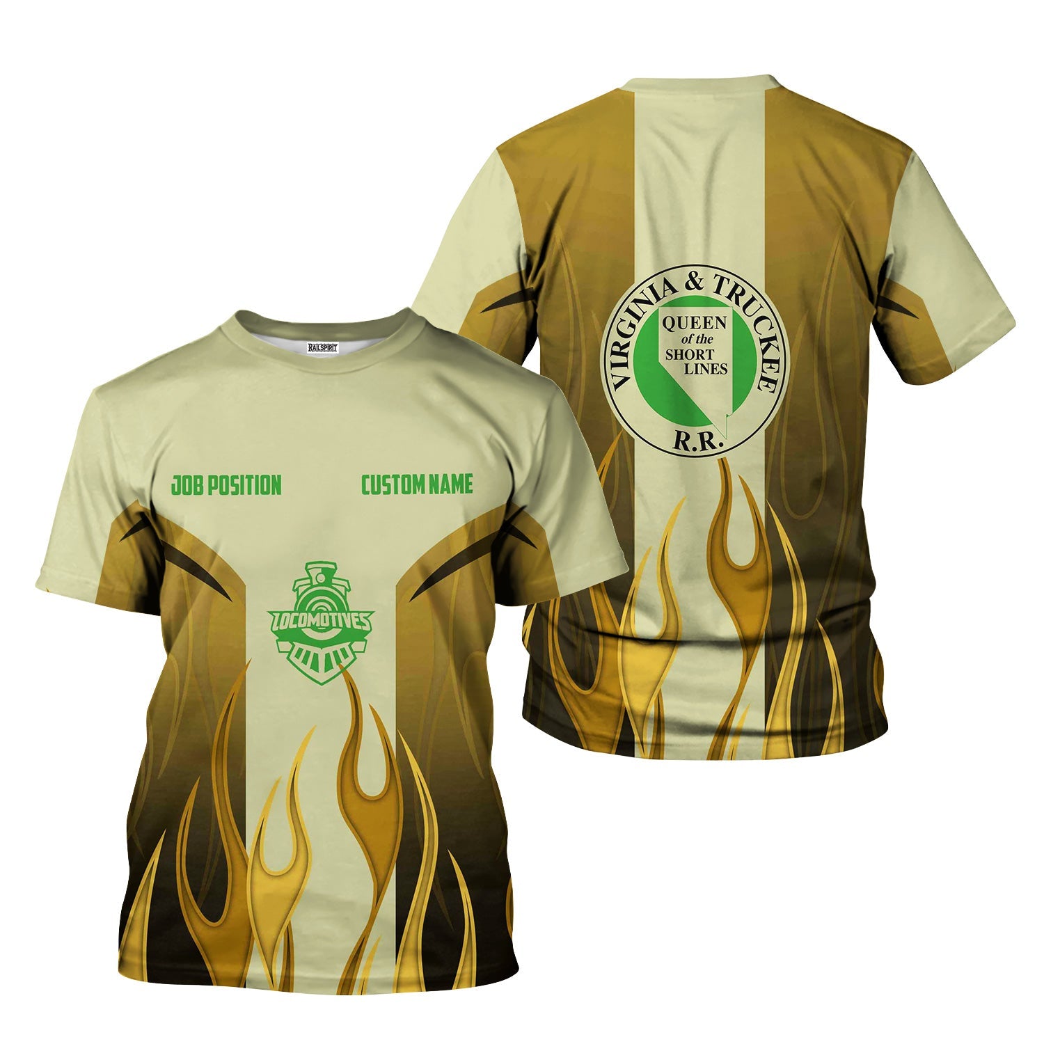 Railspirit Custom Name and Job Title Virginia & Truckee Railroad T-Shirt Flame Graphic Train Shirt