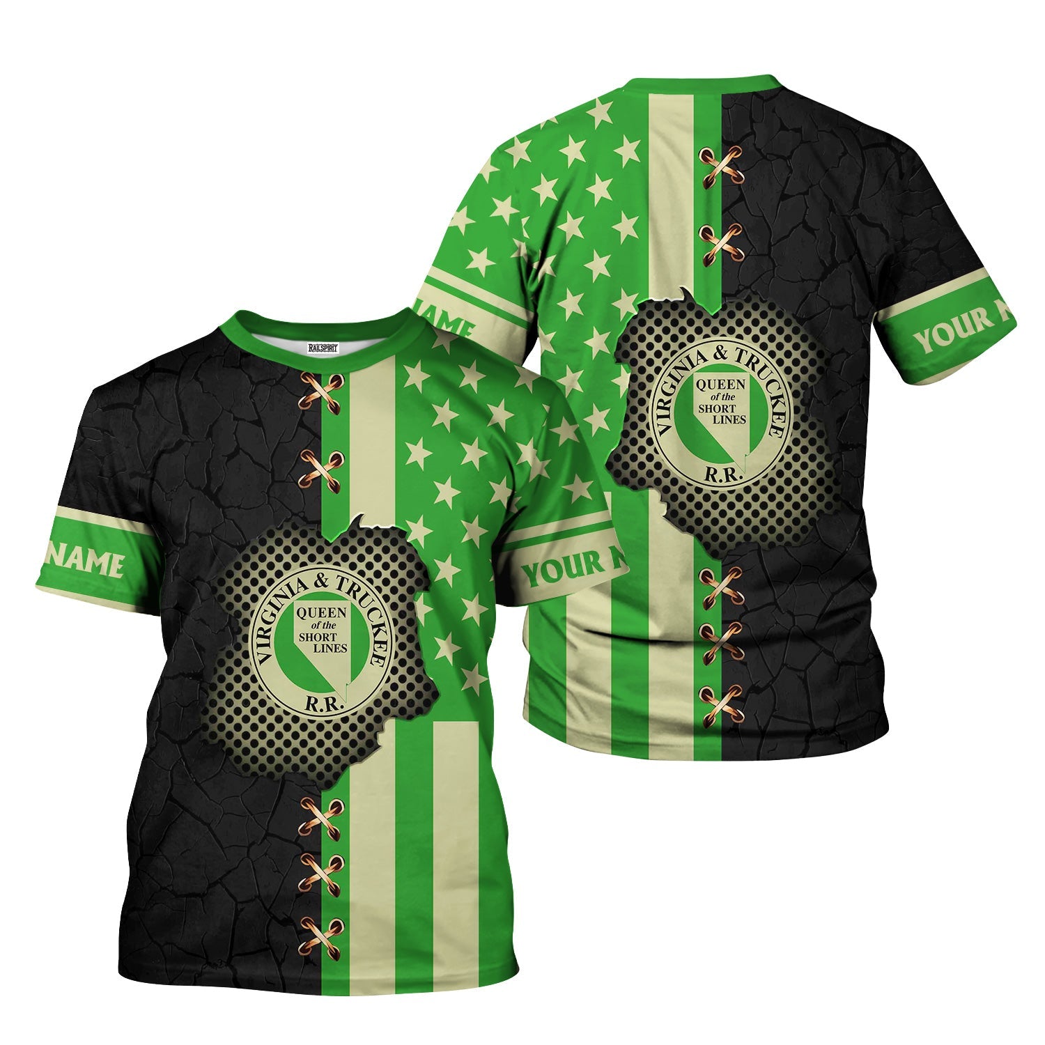 Railspirit Personalized Virginia & Truckee Railroad T-Shirt American Flag with Crack Effect Train Shirt