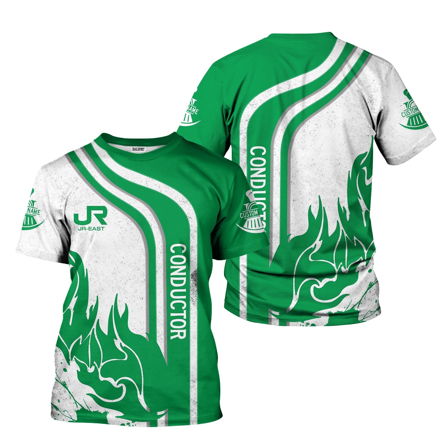 Railspirit Personalized East Japan Railway T-Shirt Flame Design with Custom Job Position JR-EAST Train Shirt