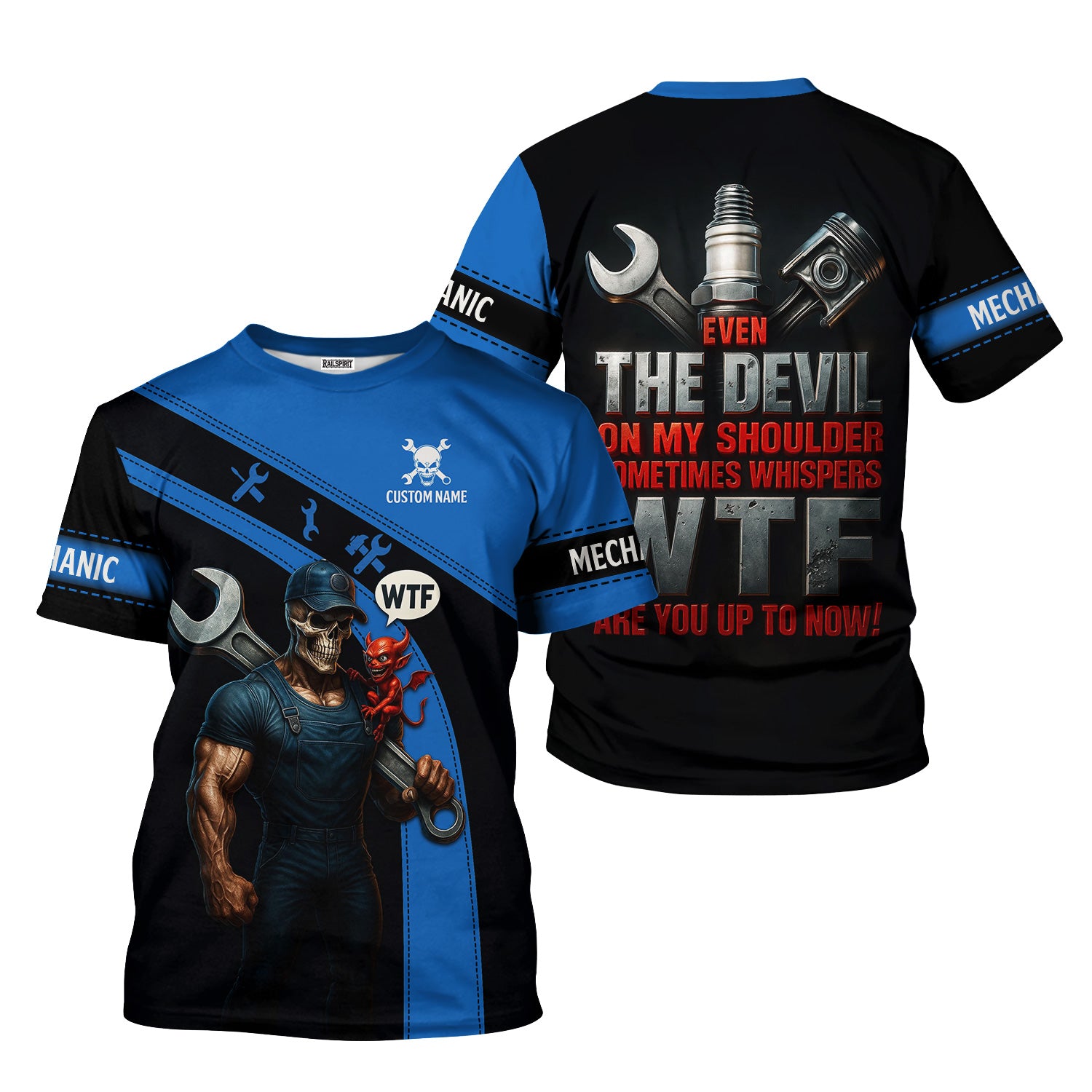 Personalized Mechanic Shirt, Even The Devil On My Shoulder Somtimes Whispers WTF Are You Up To Now, Gift For Men