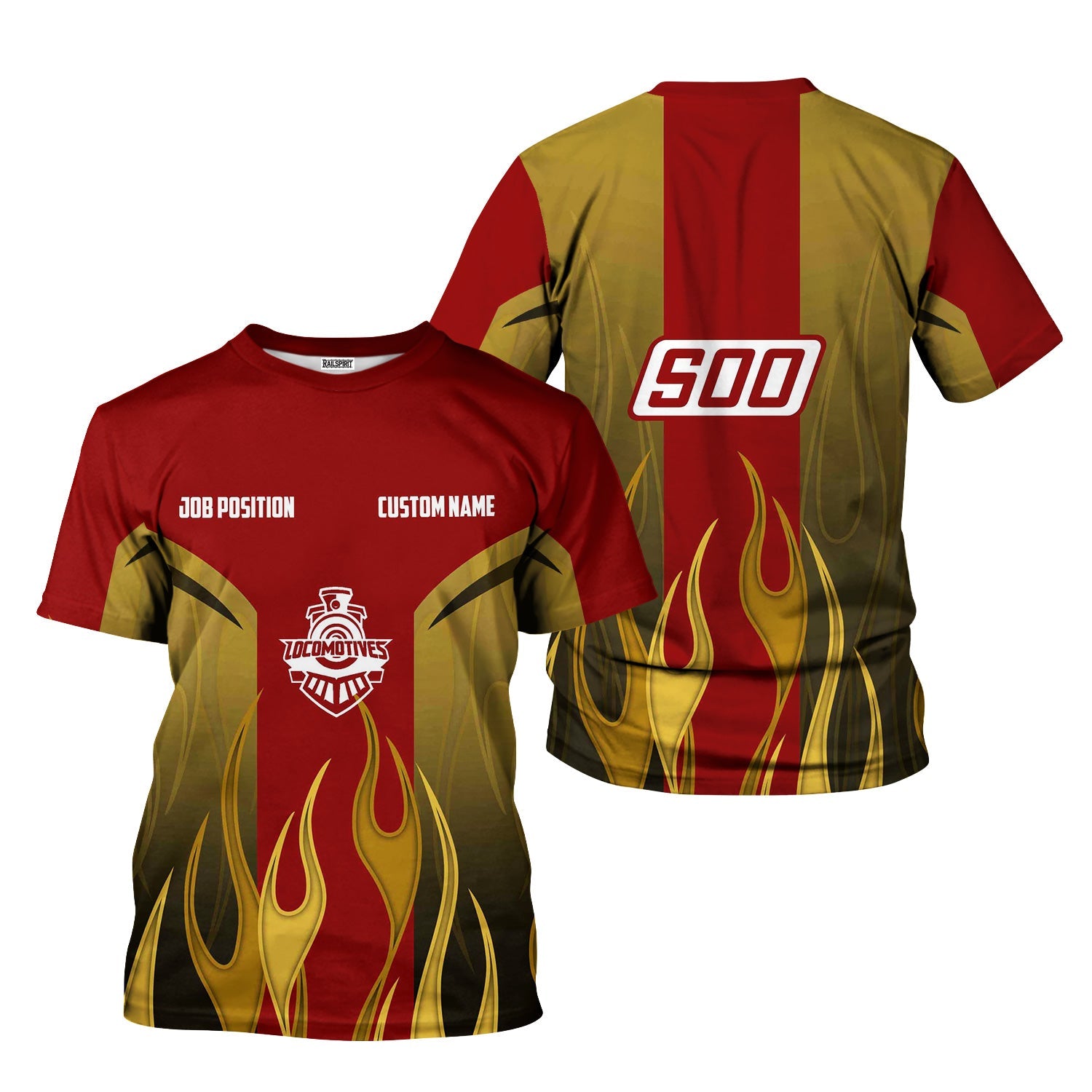 Railspirit Custom Name and Job Title Soo Line Railroad T-Shirt Flame Graphic Train Shirt