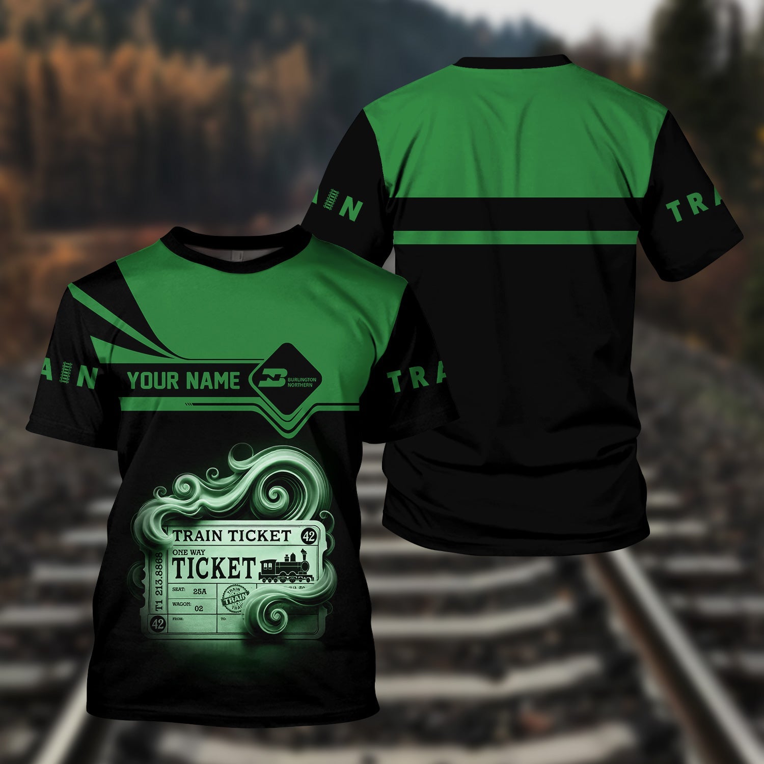 Railspirit Personalized Burlington Northern Railroad T Shirt Train Ticket American Locomotive Printed Train