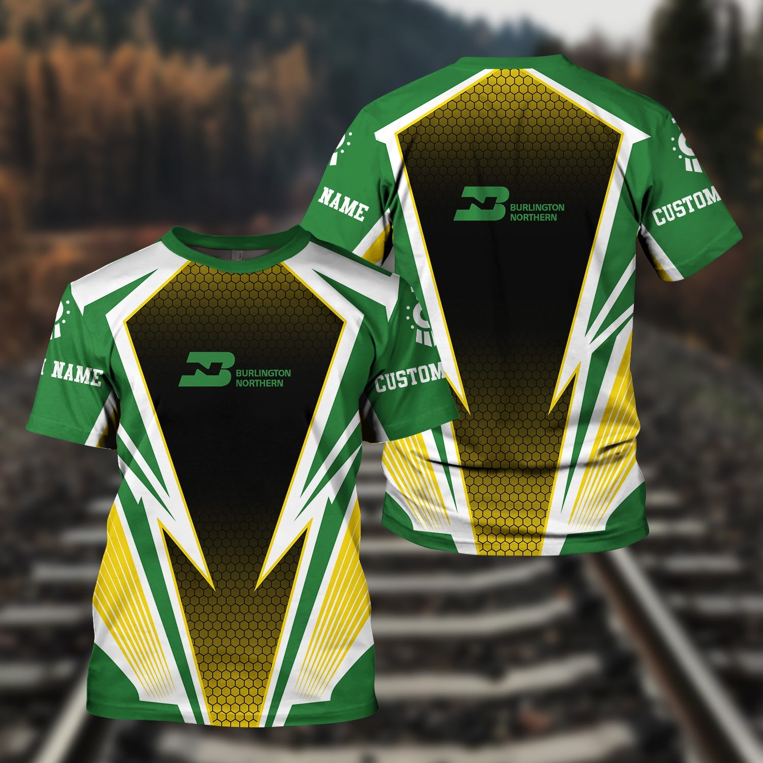 Railspirit Personalized Burlington Northern Railroad T-Shirt Lightning Graphic Style Shirt Gift Idea For Train Lover