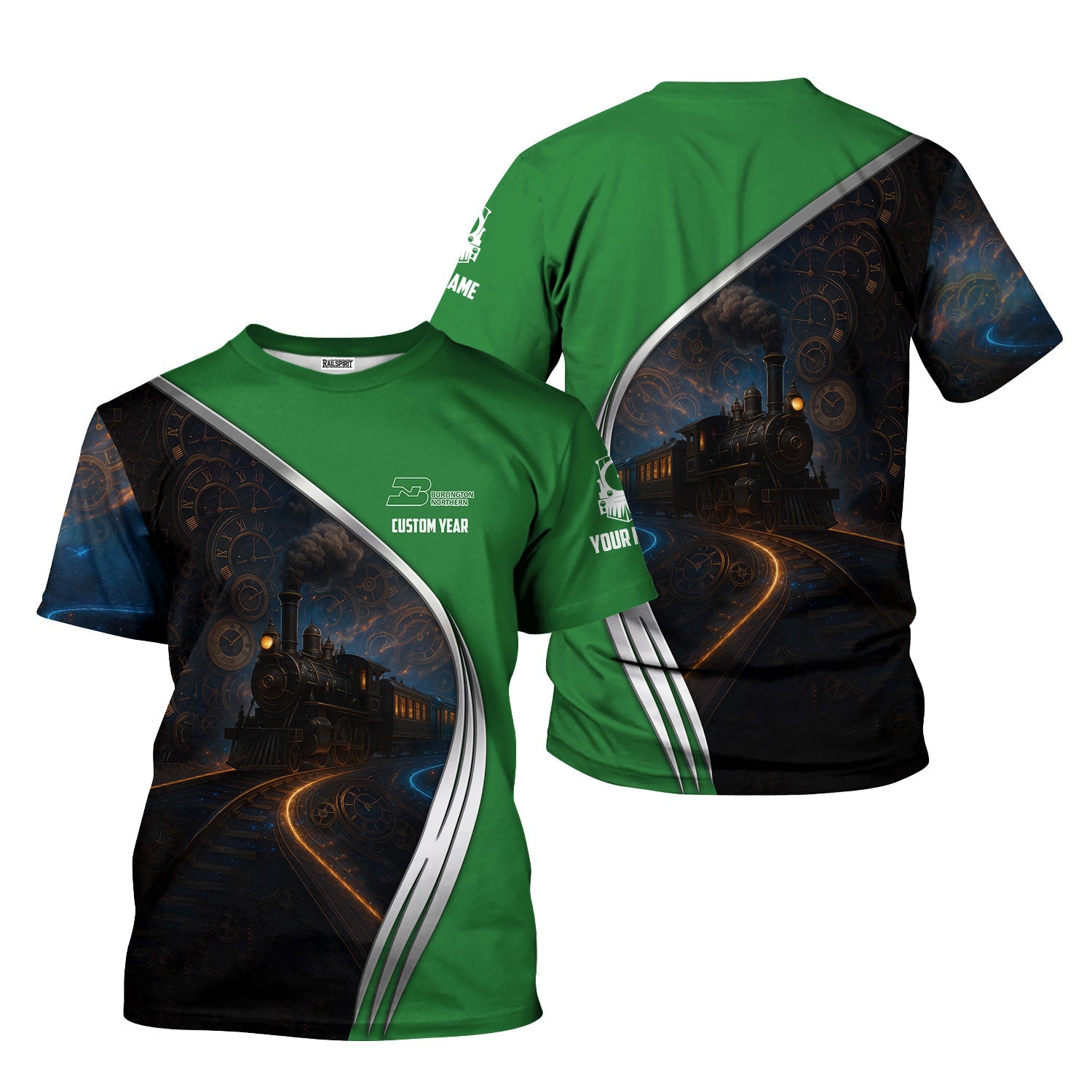 Railspirit Personalized Burlington Northern Railroad T-Shirt Steampunk Locomotive with Custom Year Train Shirt