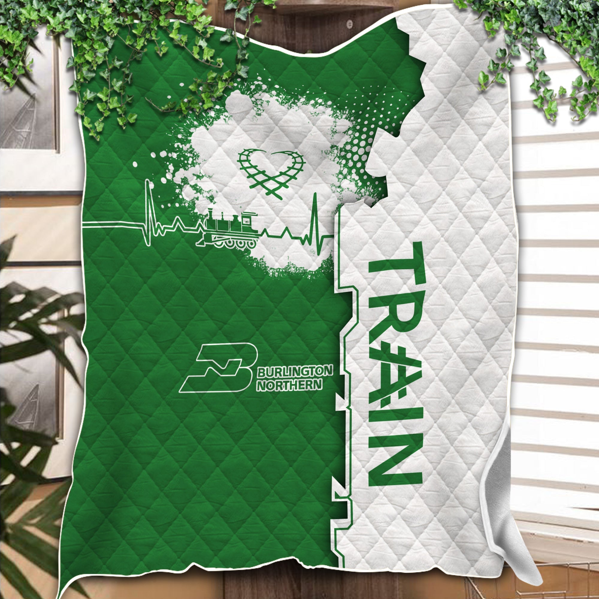 Railspirit Burlington Northern Railroad Premium Quilts Engine Heartbeat and Track Love Style Quilts Gift Idea For Train Lovers