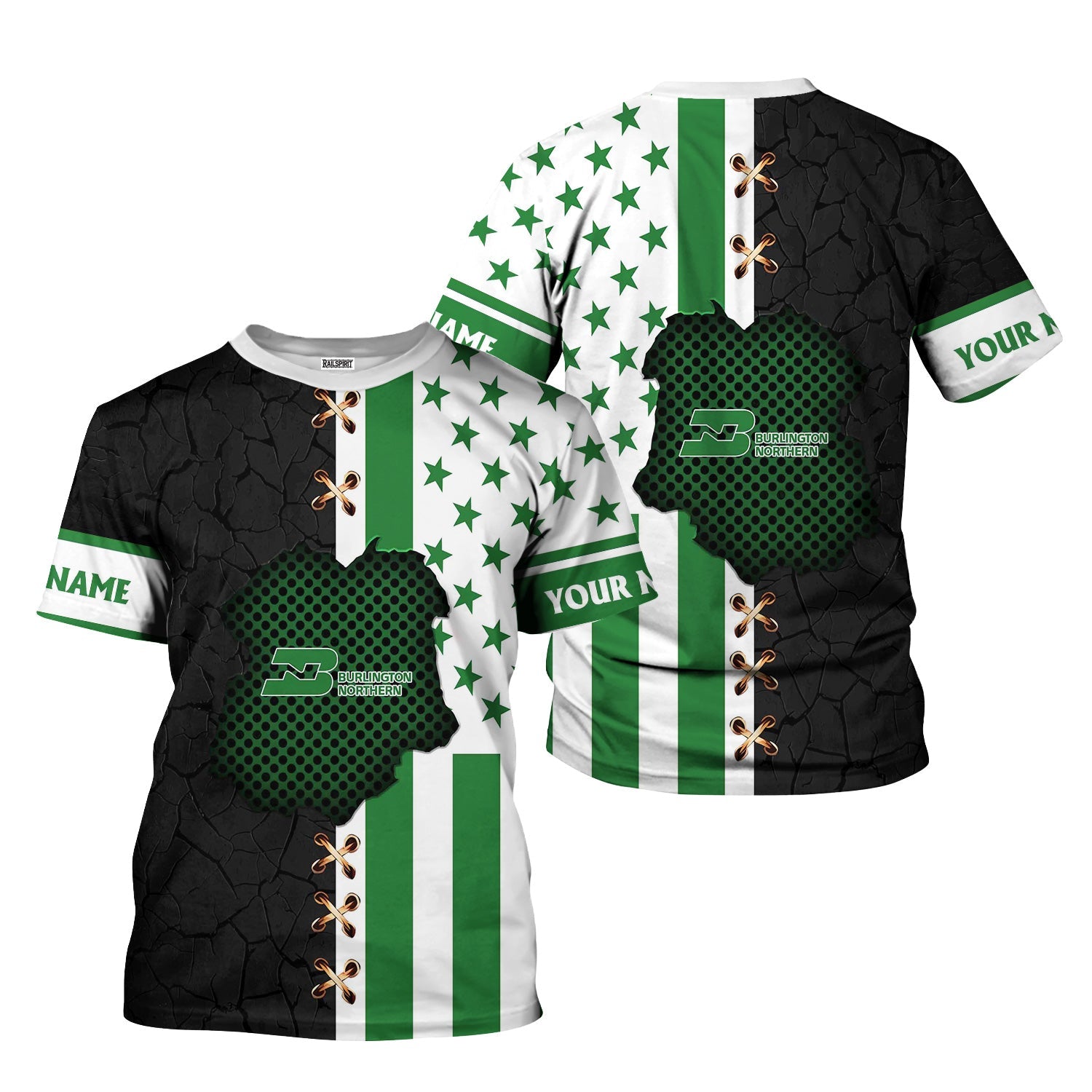 Railspirit Personalized Burlington Northern Railroad T-Shirt American Flag with Crack Effect Train Shirt