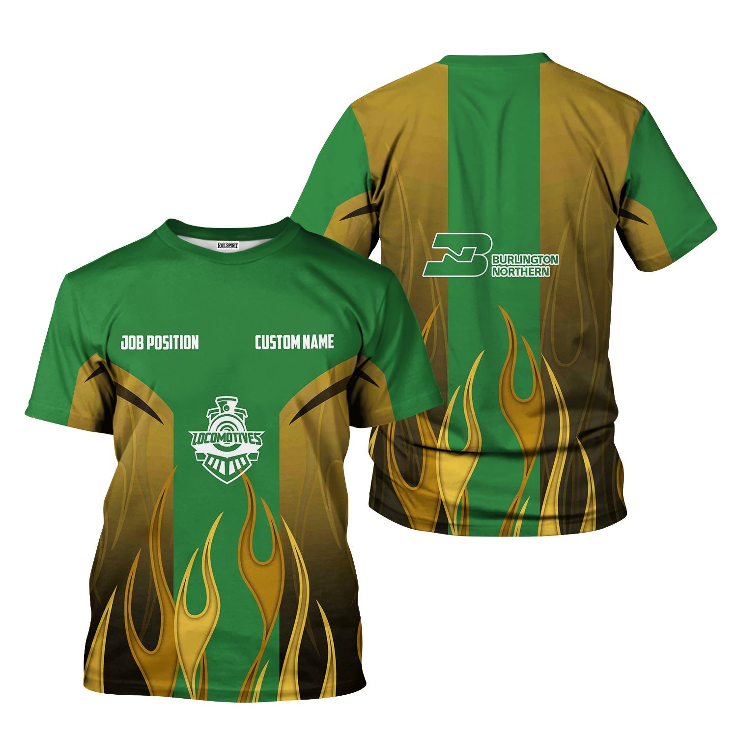 Railspirit Custom Name and Job Title Burlington Northern Railroad T-Shirt Flame Graphic Train Shirt