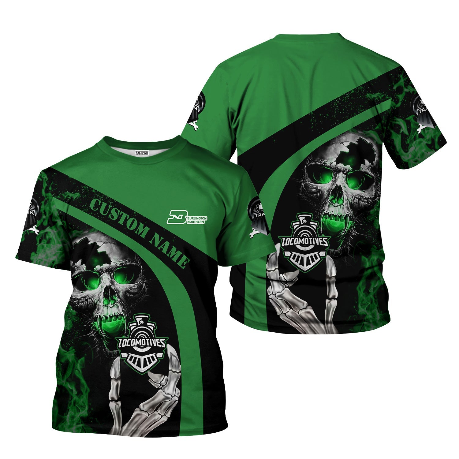 Railspirit Personalized Burlington Northern Railroad T-Shirt Flame Skull Design Train Shirt for Locomotive Fans