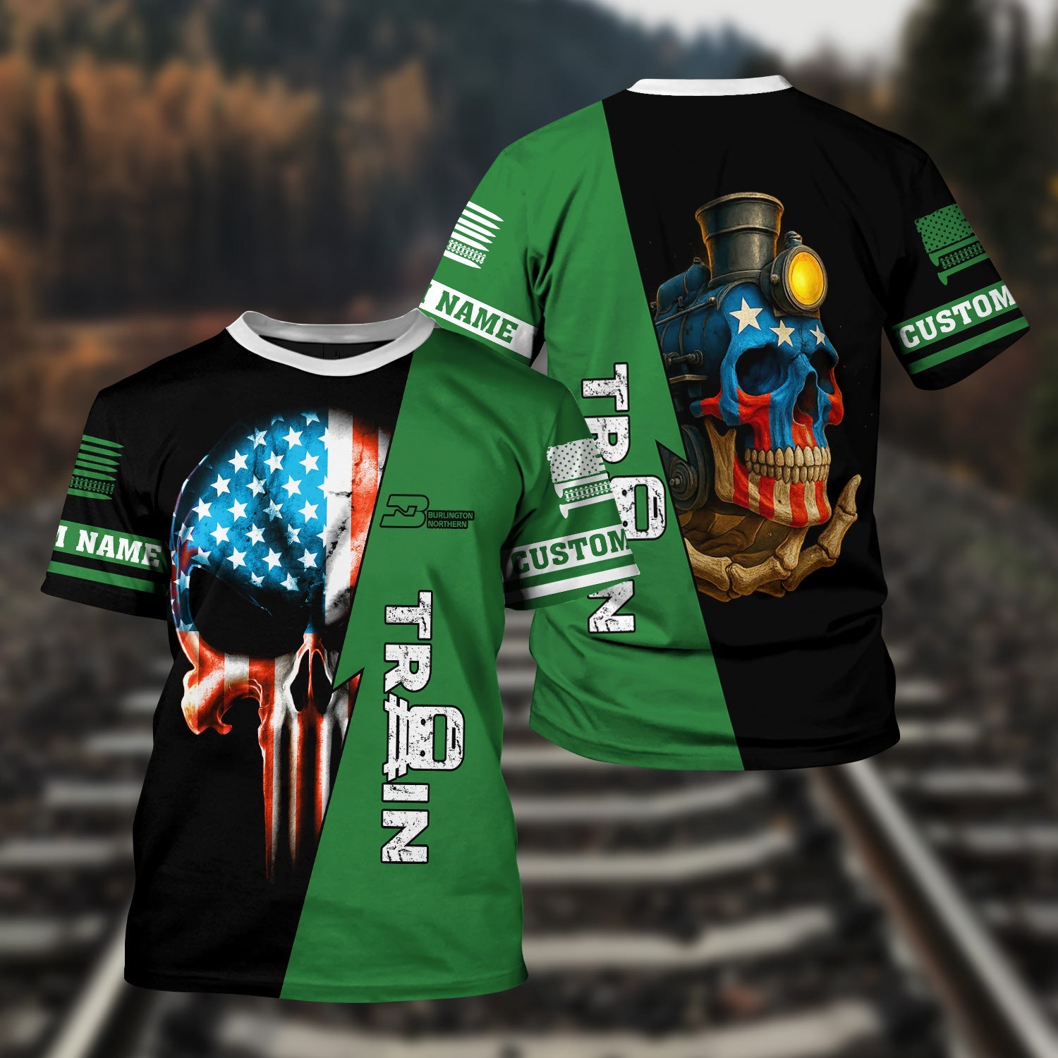 Railspirit Personalized Burlington Northern Railroad T-Shirt Train Skull American Flag Shirt All Over Print