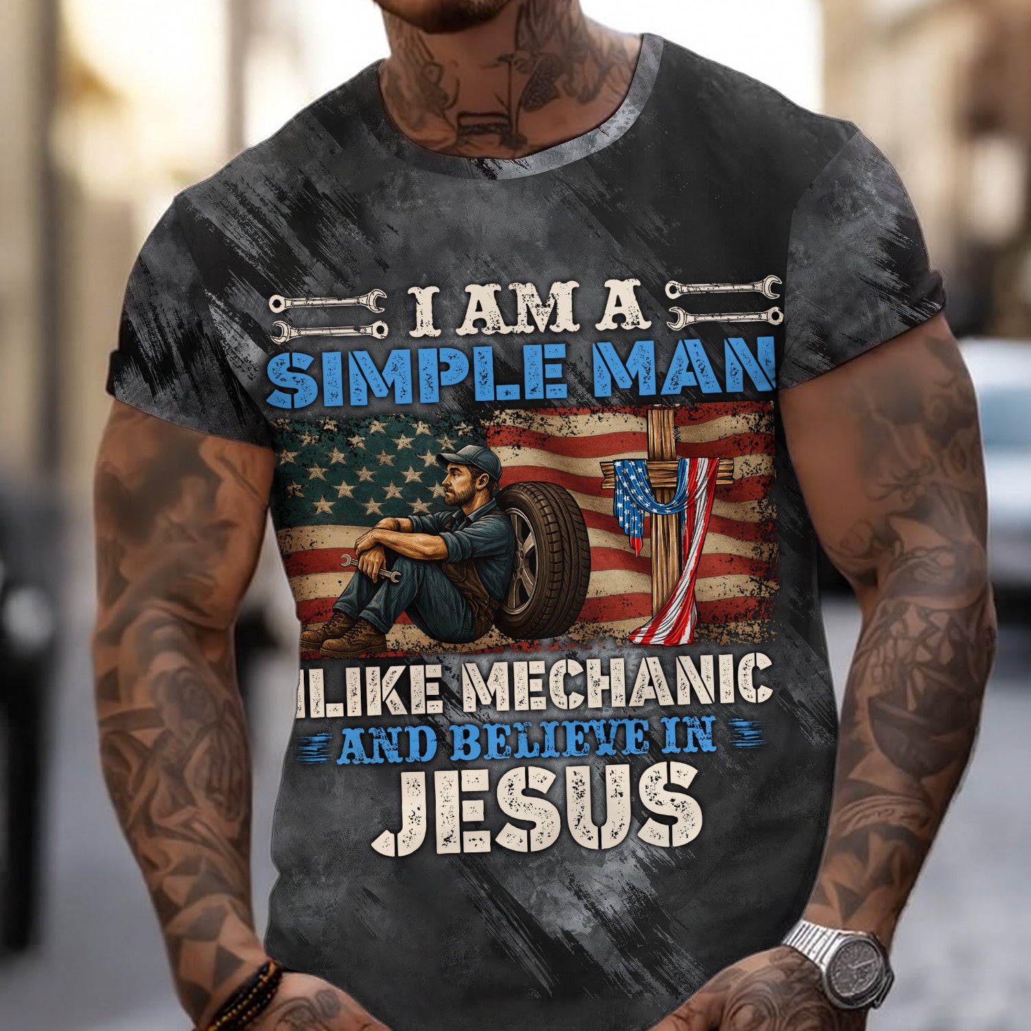 I Am a Simple Man Mechanic and Jesus T-Shirt, Christian Faith Tee for Men, Funny Auto Repair Workwear Shirt Gift for Mechanics