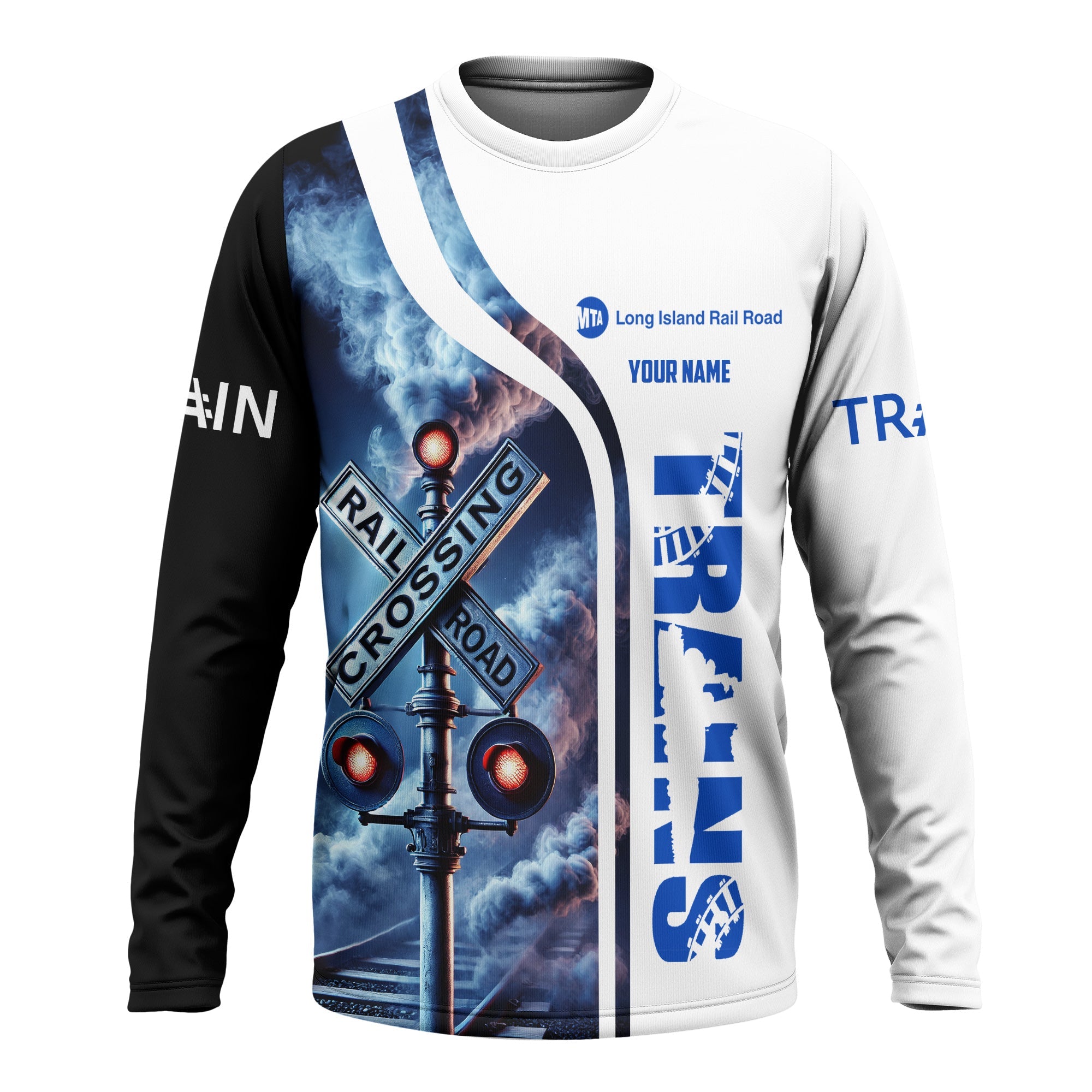 Railspirit Custom Name Long Island Railroad Long Sleeve Shirt Railroad Crossing Sign Printed Train Shirt