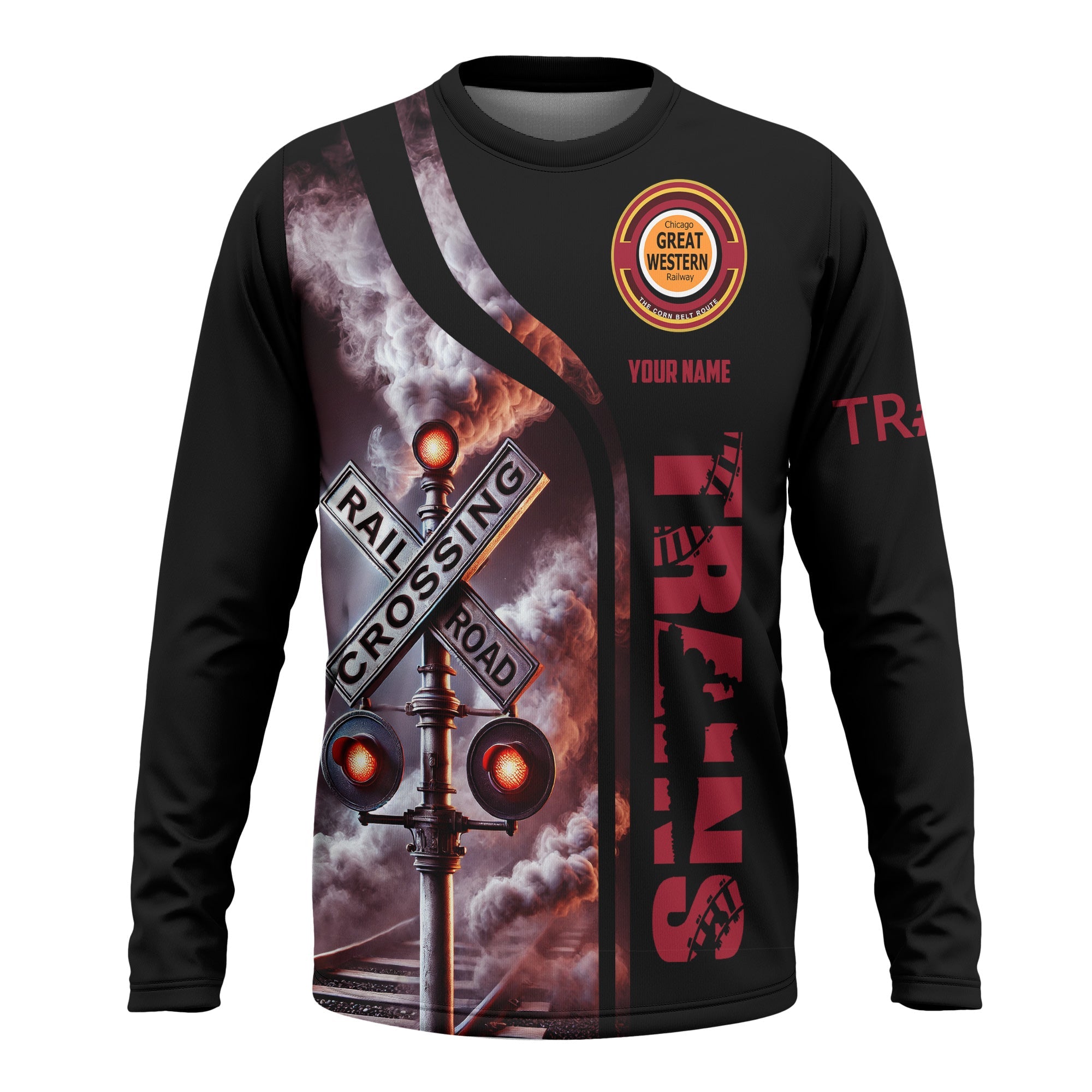 Railspirit Custom Name Chicago Great Western Railroad Long Sleeve Shirt Railroad Crossing Sign Printed Train Shirt