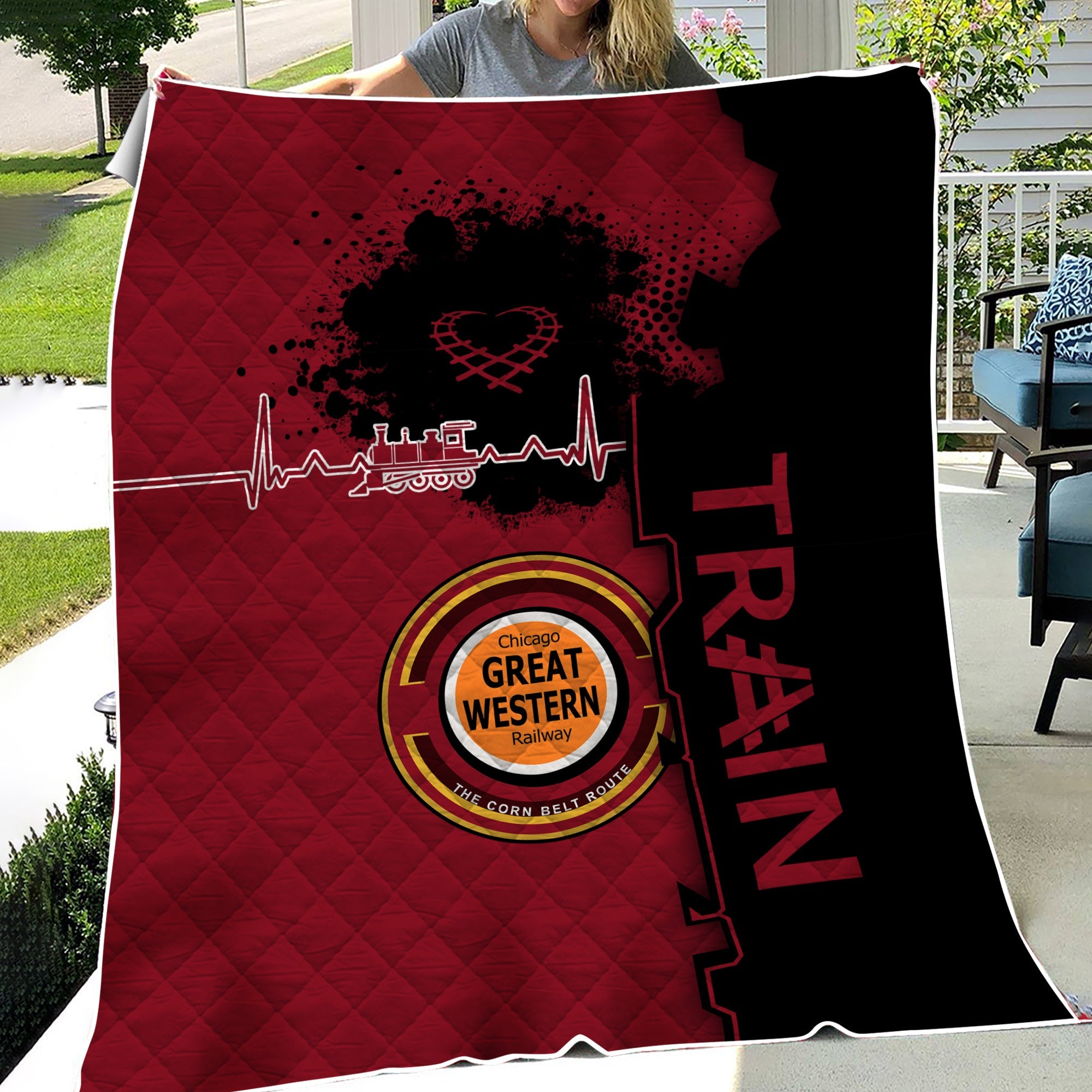 Railspirit Chicago Great Western Railroad Premium Quilts Engine Heartbeat and Track Love Style Quilts Gift Idea For Train Lovers
