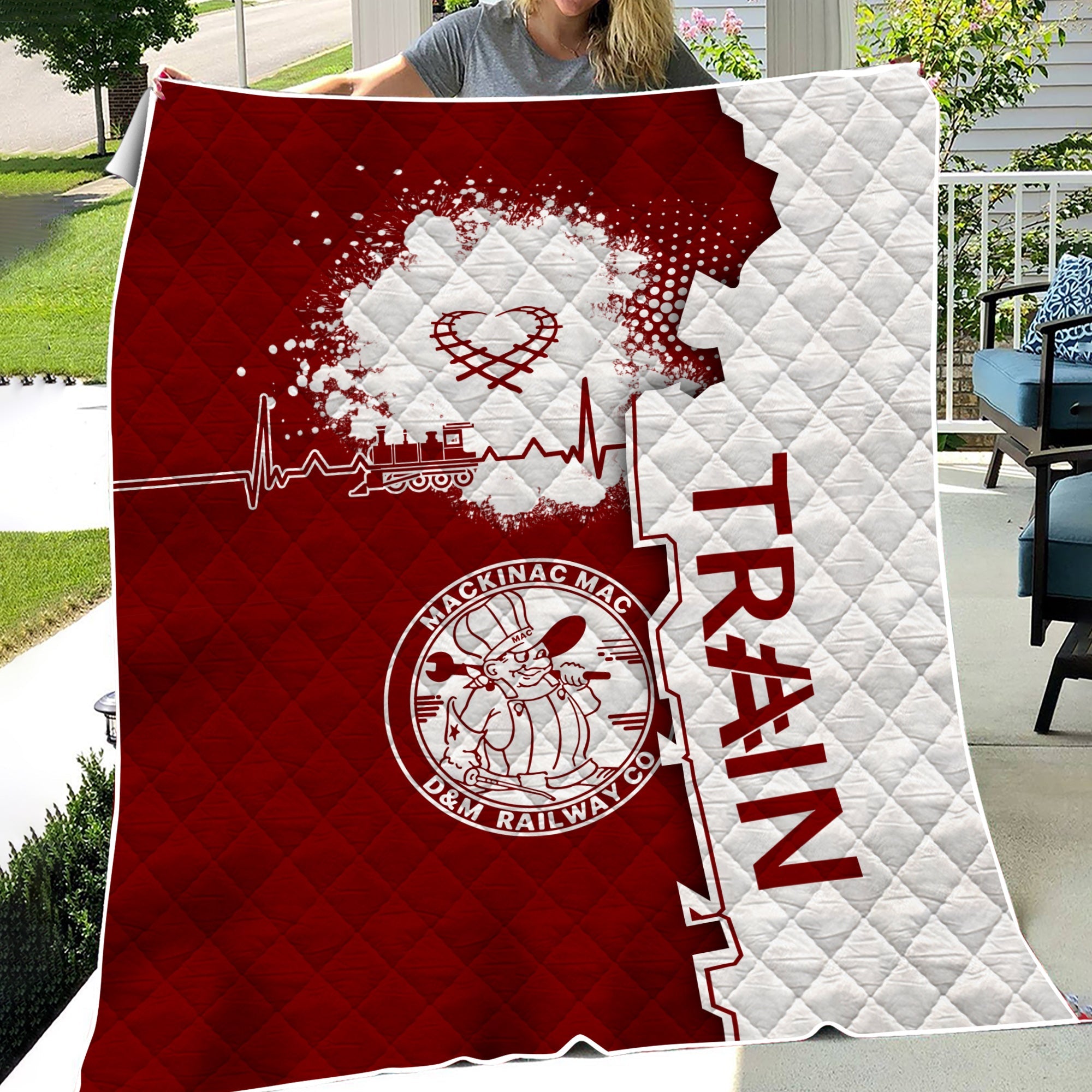 Railspirit Detroit & Mackinac Railroad Premium Quilts Engine Heartbeat and Track Love Style Quilts Gift Idea For Train Lovers