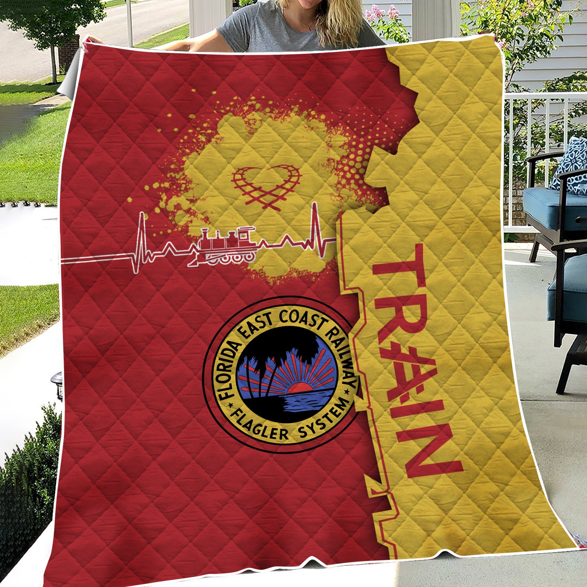 Railspirit Florida East Coast Railway Premium Quilts Engine Heartbeat and Track Love Style Quilts Gift Idea For Train Lovers