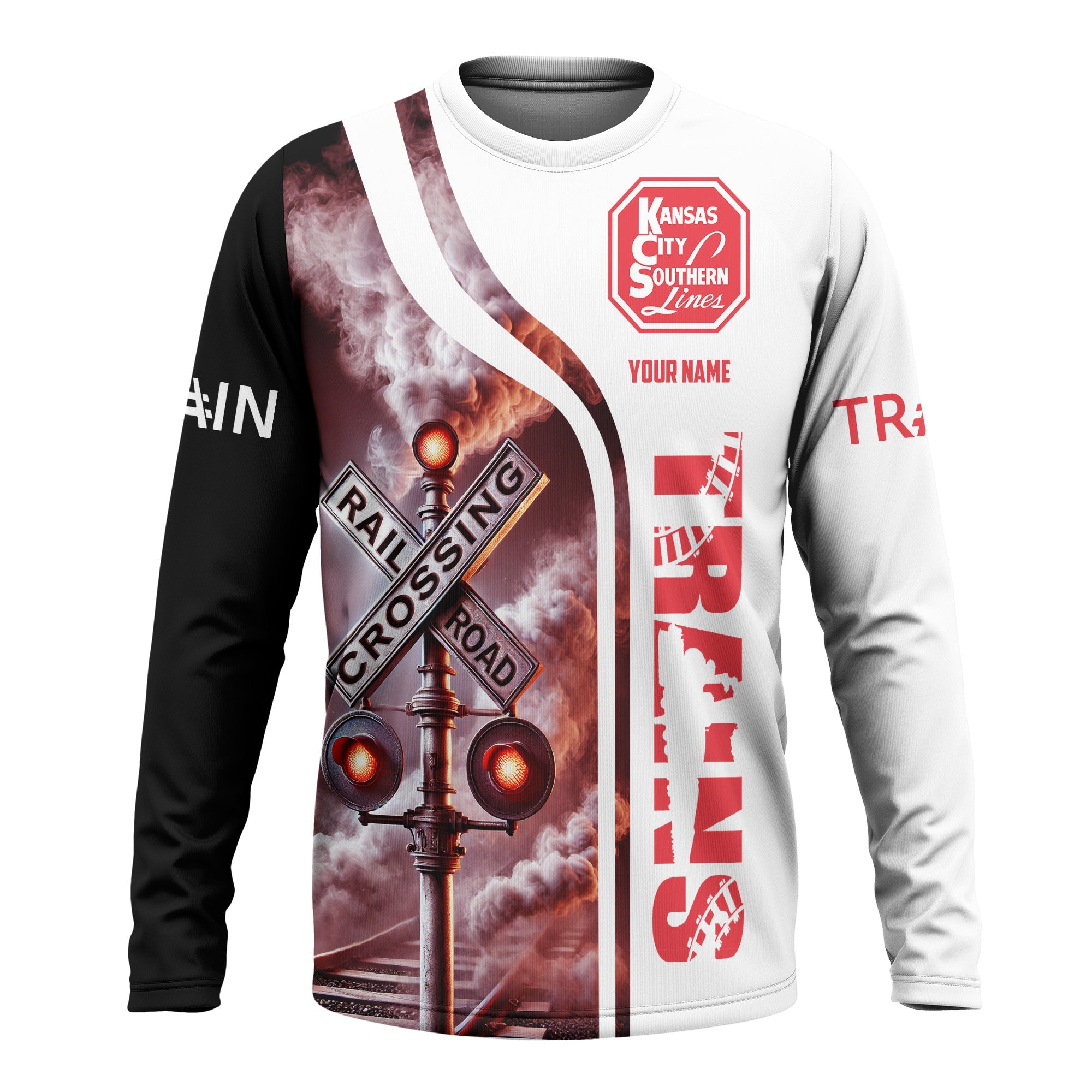 Railspirit Custom Name Kansas City Southern Long Sleeve Shirt Railroad Crossing Sign Printed Train Shirt