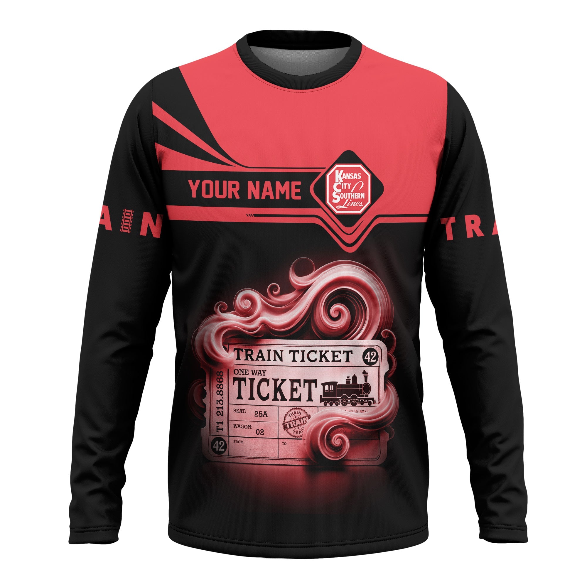 Railspirit Custom Name Kansas City Southern Long Sleeve Shirt American Train Ticket Printed Shirt