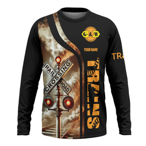 Railspirit Custom Name Genesee & Wyoming Inc. Railroad Long Sleeve Shirt Railroad Crossing Sign Printed Train Shirt