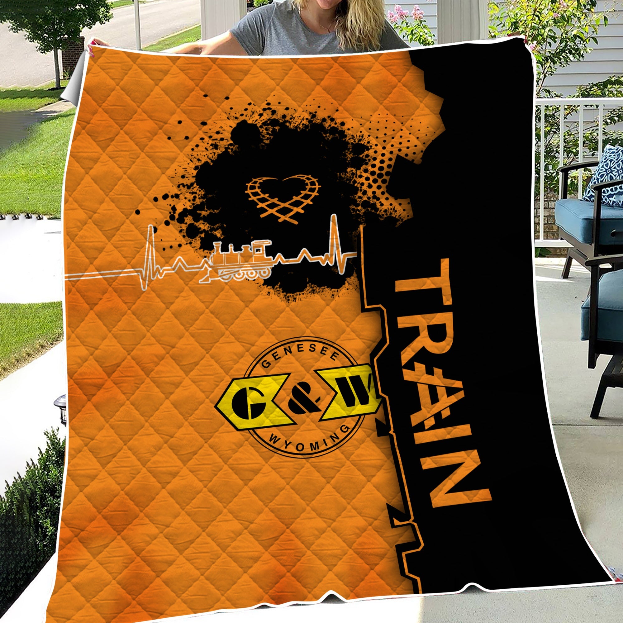 Railspirit Genesee & Wyoming Inc. Railroad Premium Quilts Engine Heartbeat and Track Love Style Quilts Gift Idea For Train Lovers