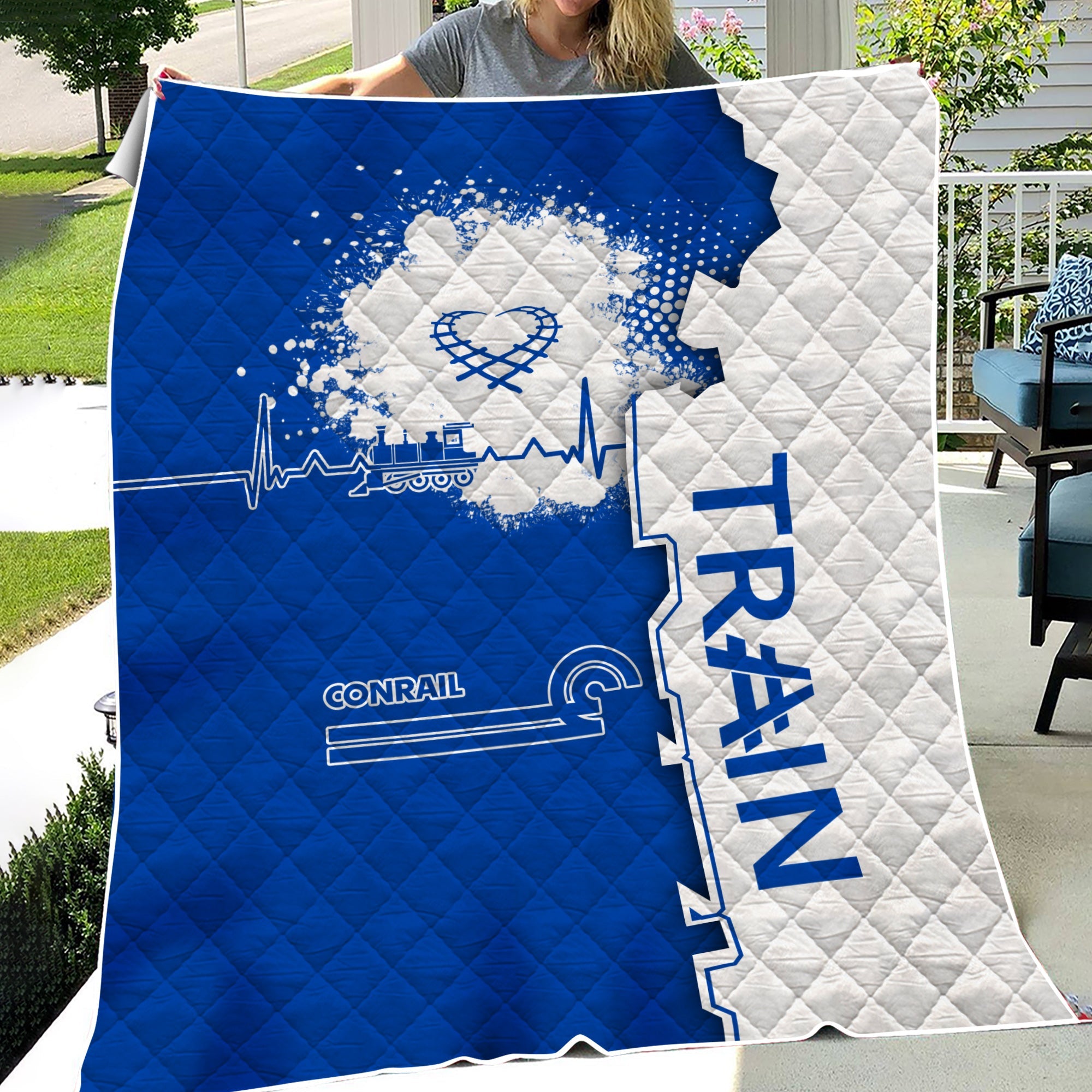 Railspirit Conrail Railroad Premium Quilts Engine Heartbeat and Track Love Style Quilts Gift Idea For Train Lovers